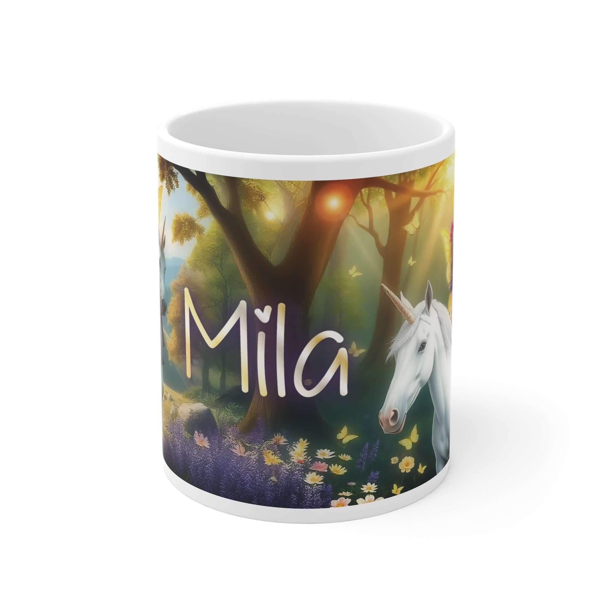 Keramiktasse mit Einhorn, Name Mila, Wald und Blumenmotiv, personalisiertes Unicorn-Geschenk