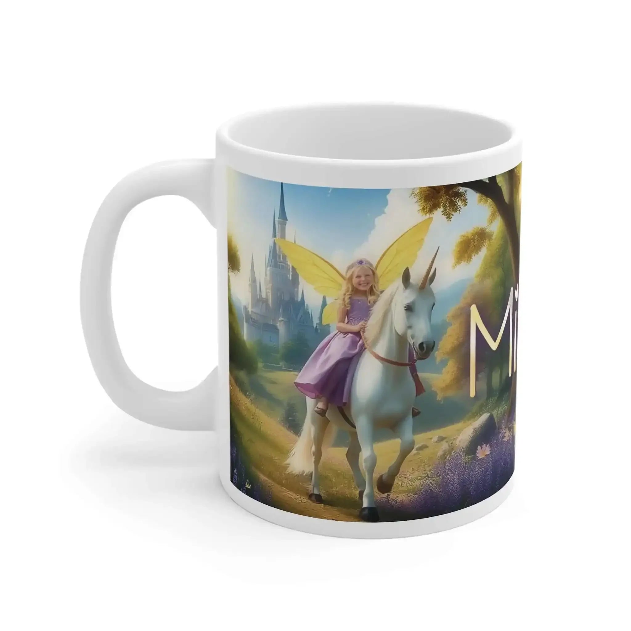 Geschenk Frühstückstasse mit Feen und Einhorn, ideal für Kinder und Märchenliebhaber.