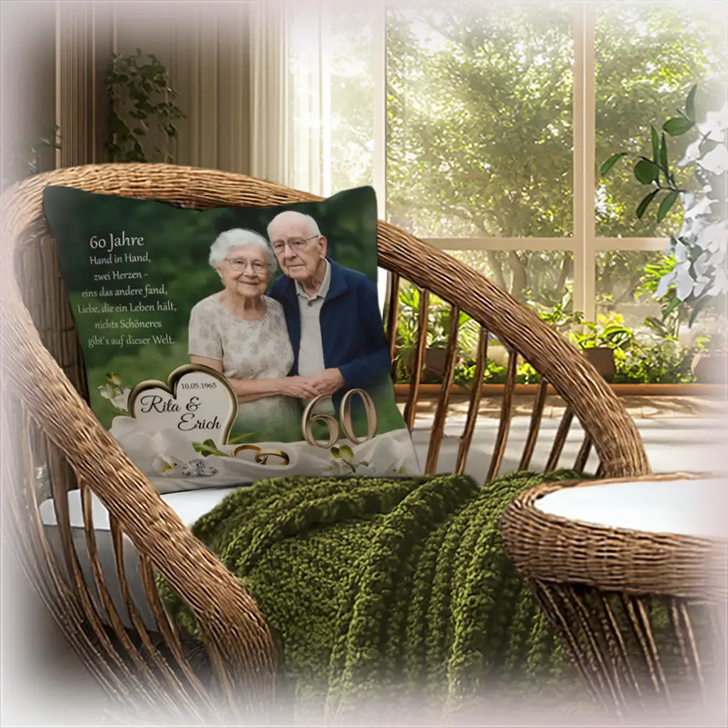 mockup Diamanthochzeit Kissen mit Namen und eigenem Foto bedruckt
