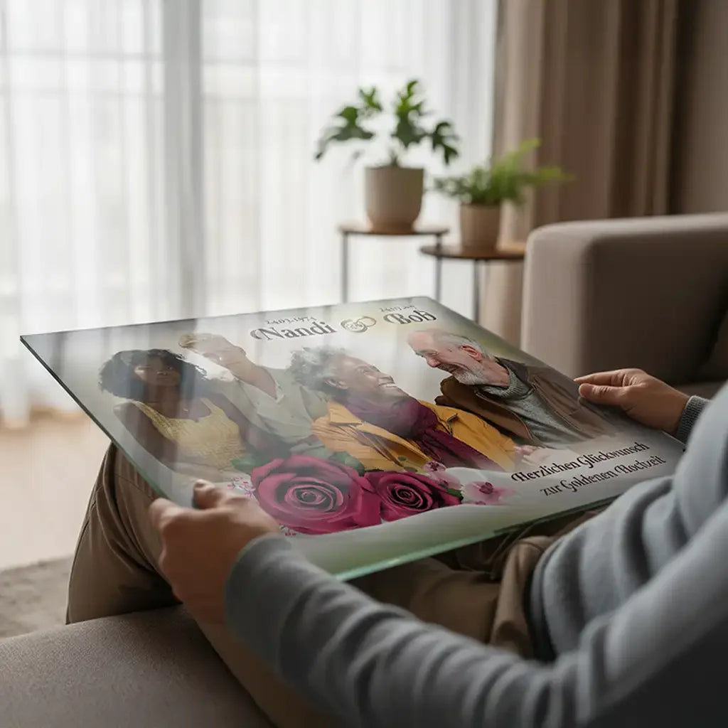 Person zeigt ein personalisiertes Acrylglasbild als Geschenk für jeden Anlass mit Fotos und Blumenmotiv.