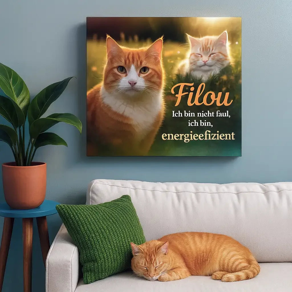 Geschenk für Katzenliebhaber - personalisiertes Acrylglasbild von Filou, einem energieeffizienten Hauskatzen-Motiv.