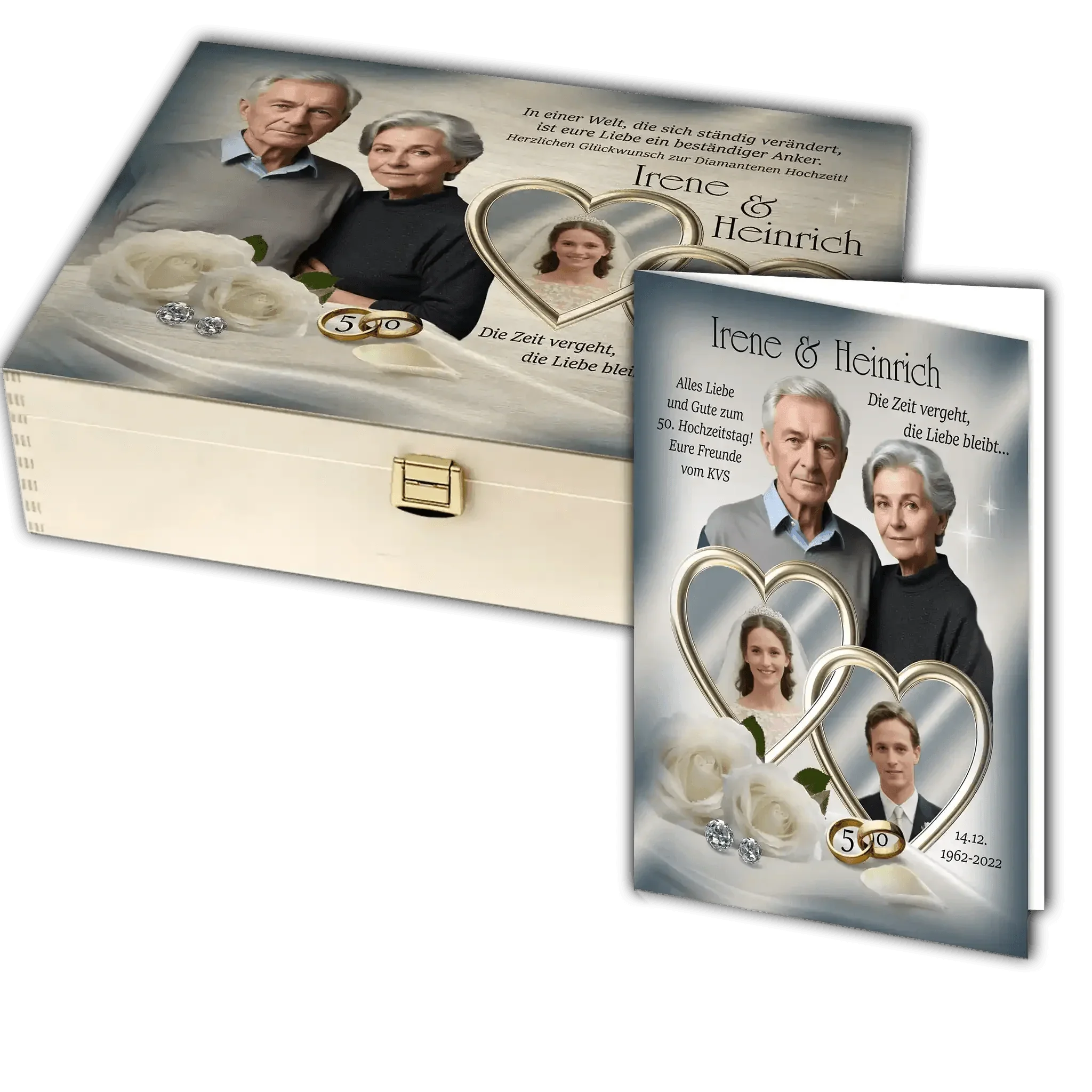Personalisierte Holzbox und Karte zur Diamanthochzeit mit Foto, Ringen, Rosen und Herzen