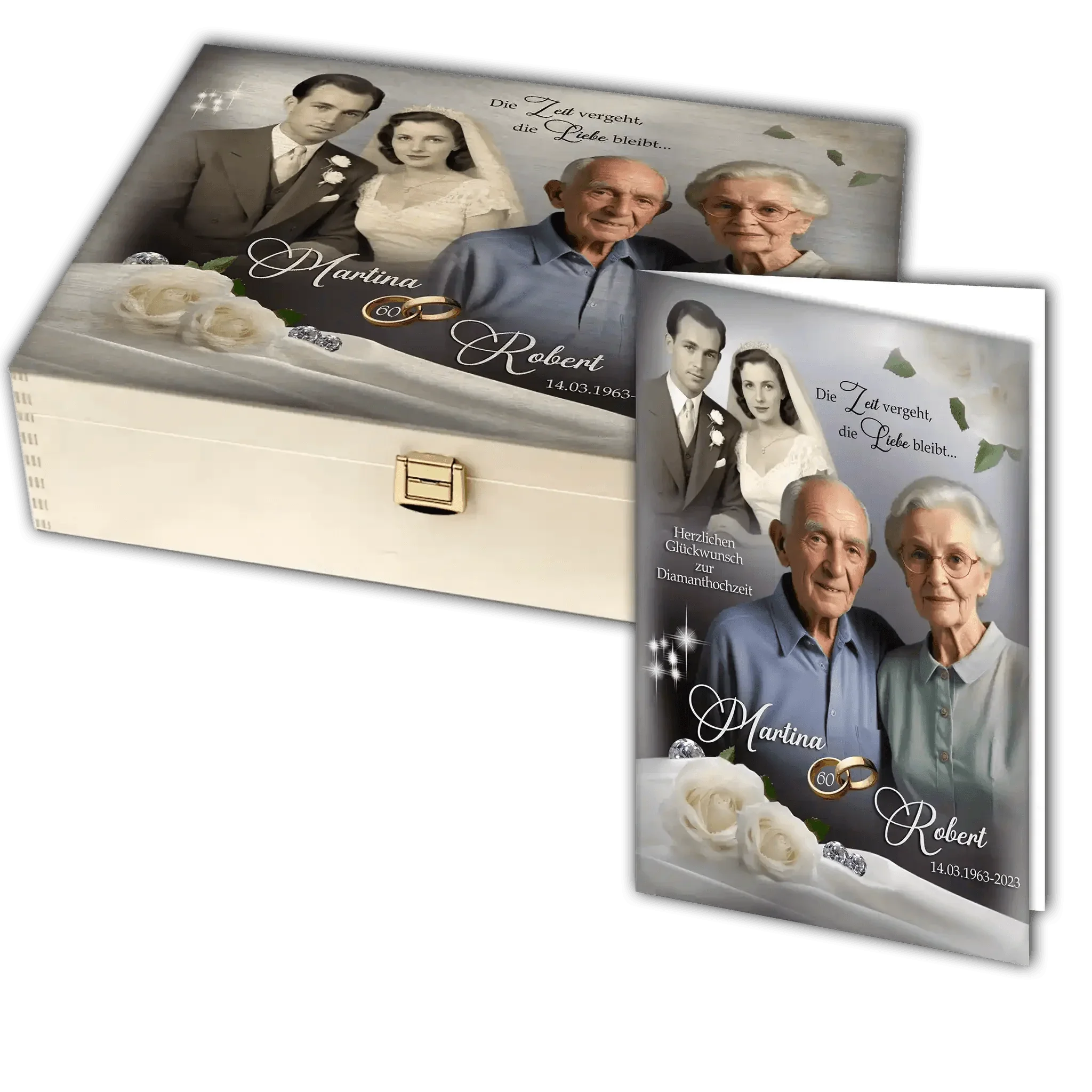 Personalisierte Holzbox und Karte zur Diamanthochzeit mit Paarfotos, Ringen und weißen Rosen