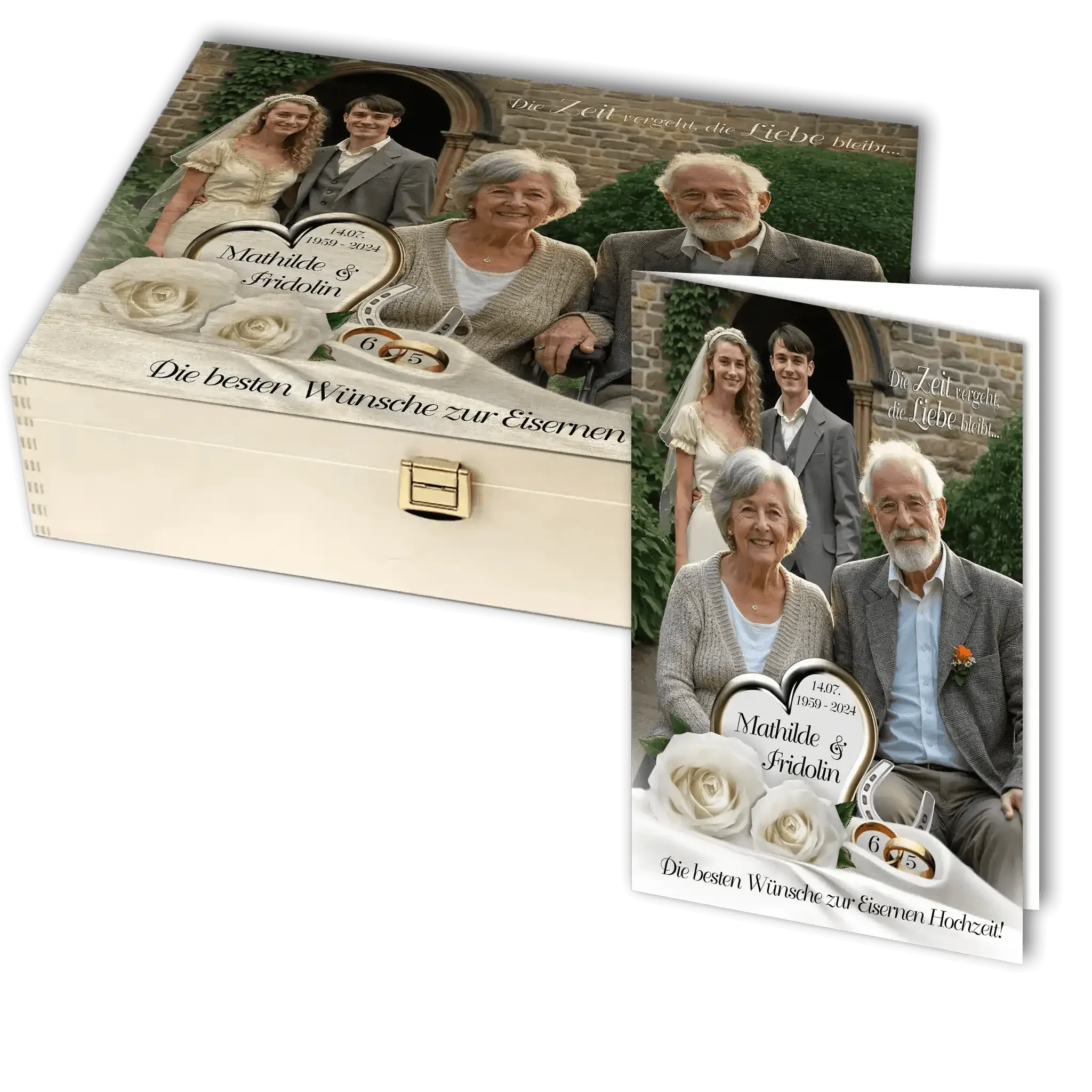 Personalisierte Holzbox und Karte zur Eisenhochzeit mit Seniorenpaar und Familie, weiße Rosen, Gravur Mathilde & Fridolin.