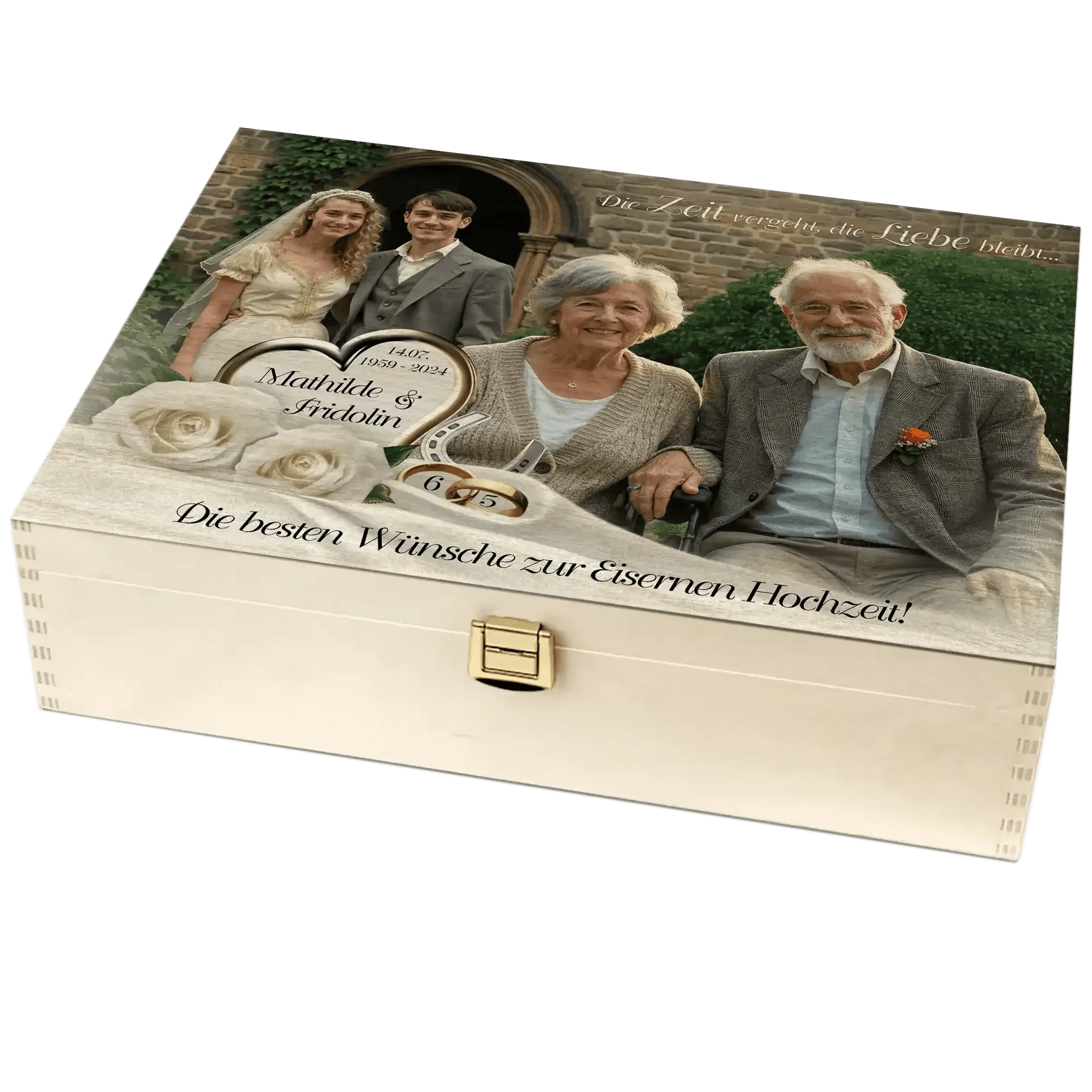 Personalisierte Holzbox zur Eisernen Hochzeit mit Foto älteres Paar, Familie, Gravur