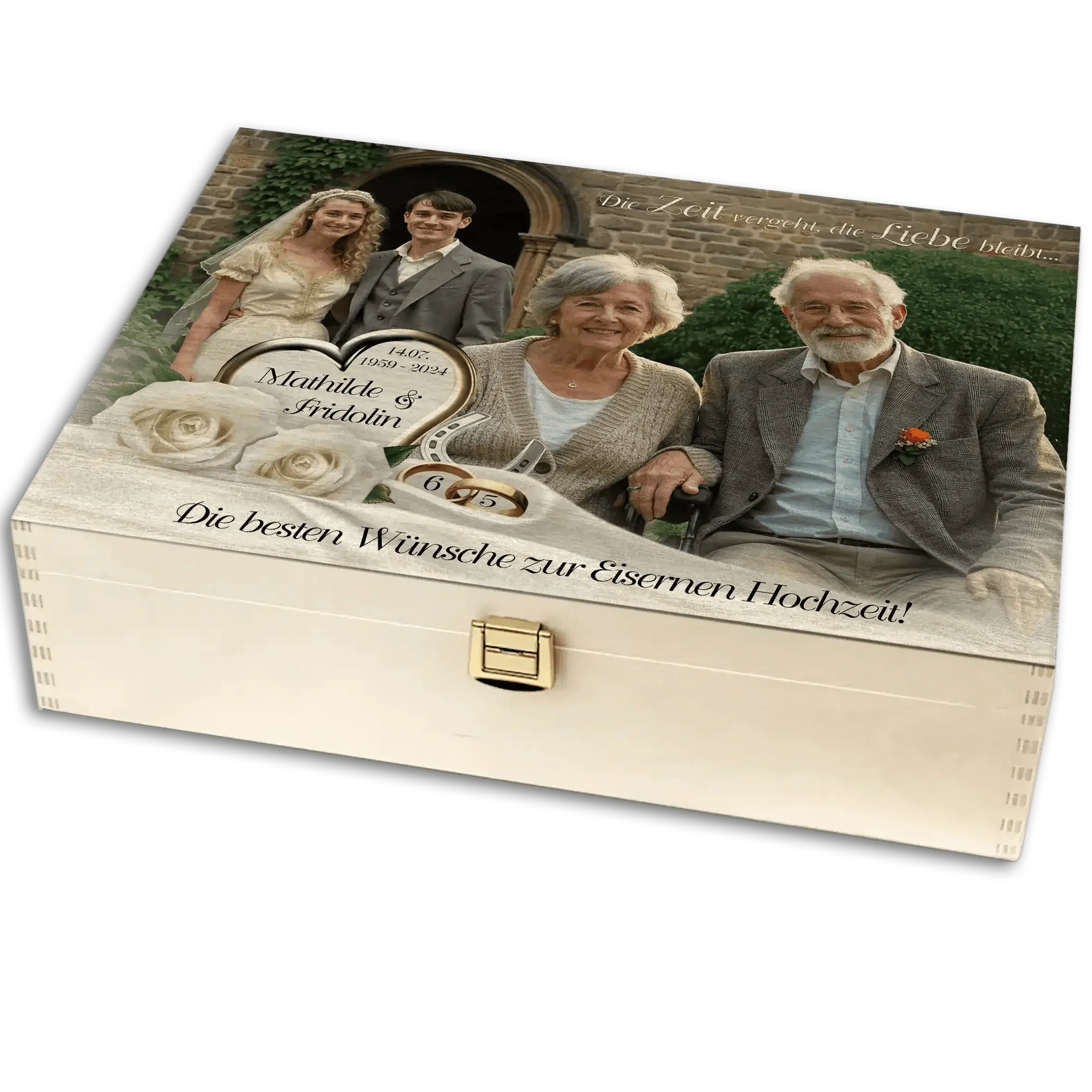 Eisenhochzeit Holzbox mit Foto älteres Ehepaar, Familie, Blumen, Gravur Mathilde & Fridolin