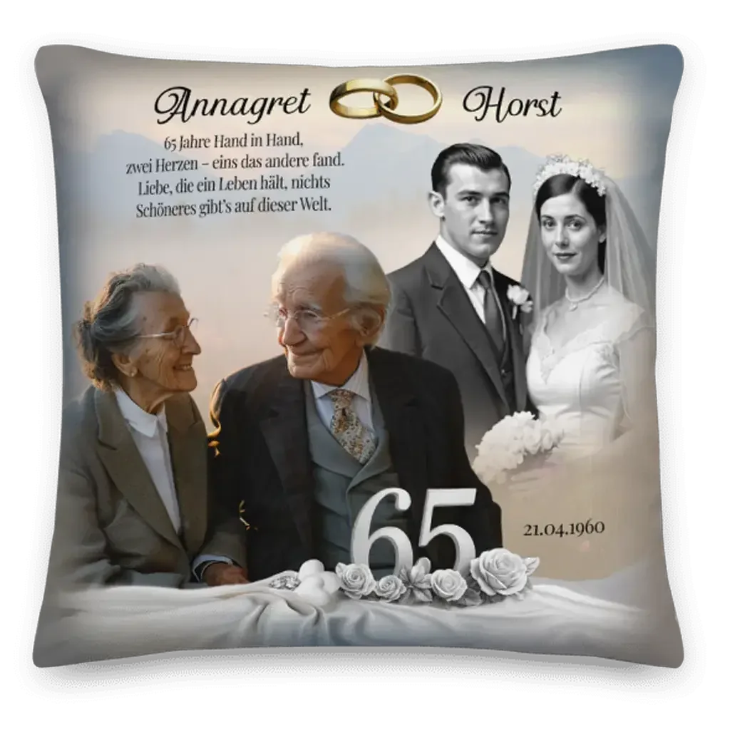 Eisenhochzeit Kissen mit altem Ehepaar, Hochzeitsfoto, goldenen Ringen und Zahl 65