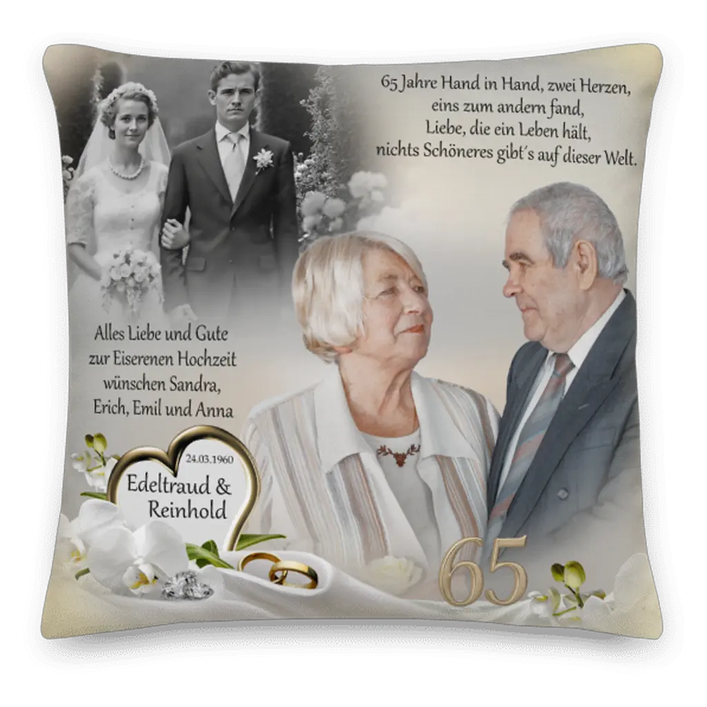 Kissen mit Bild und Widmung zur Eisernen Hochzeit