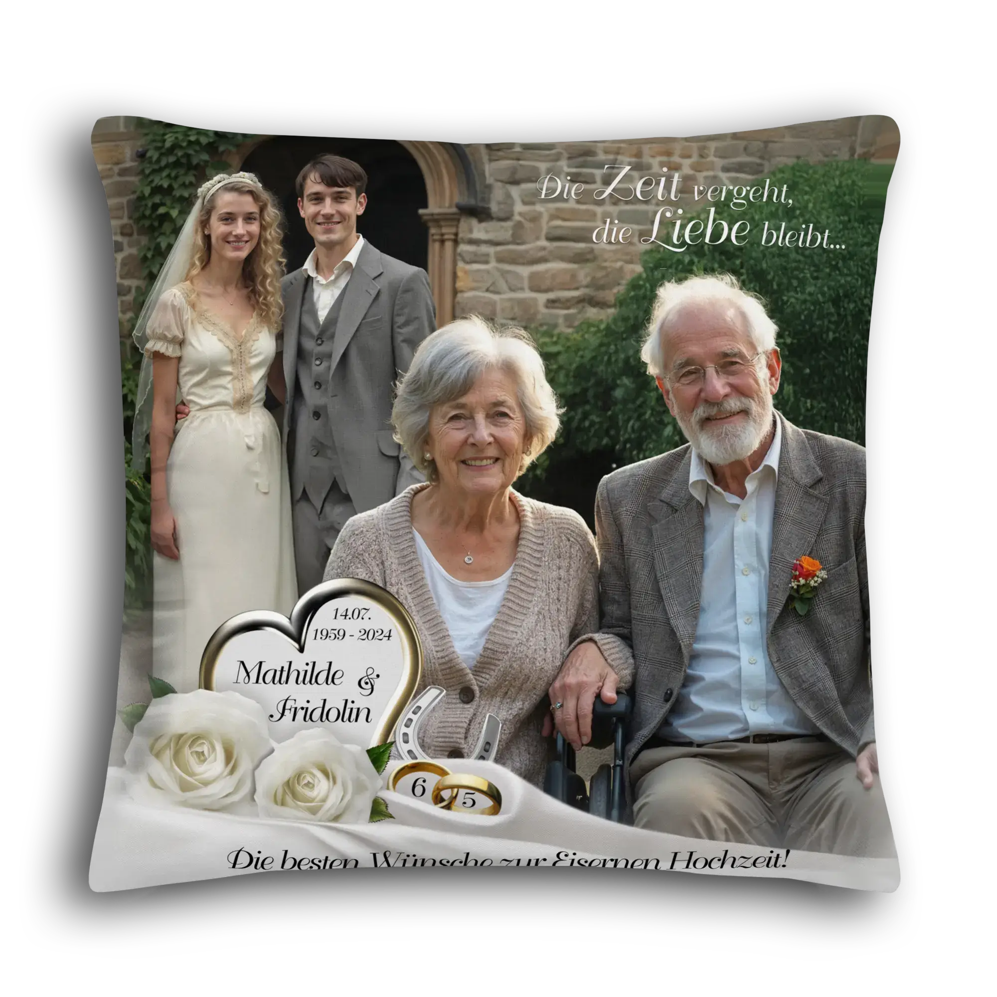 Personalisierte Kissen zur Eisenhochzeit mit Seniorenpaar, Hochzeitspaar, Rosen und Jubiläumsdatum