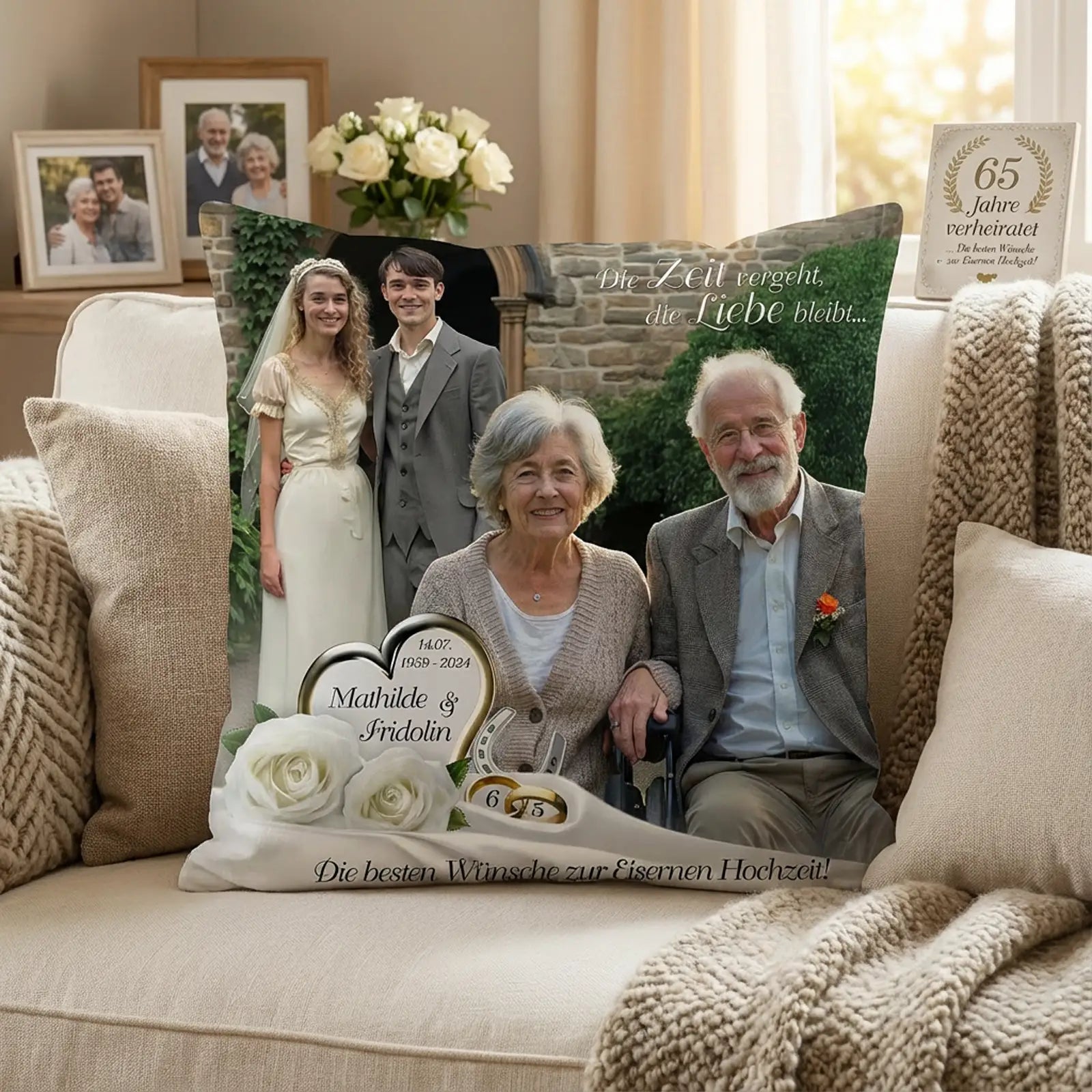 Personalisierte Kissen zur Eisenhochzeit mit älterem Paar, Blumen und Familienfoto, Dekoidee Jubiläum