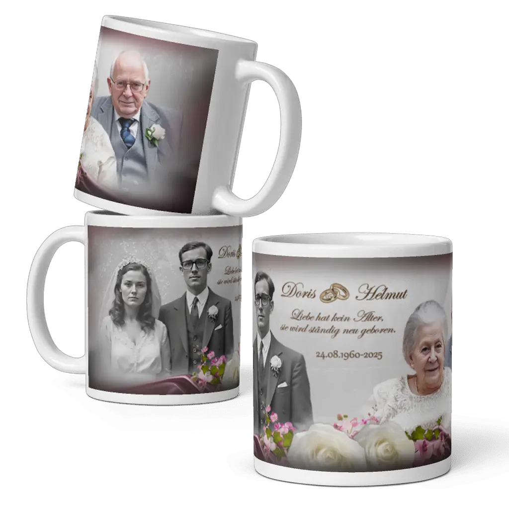 Personalisierte Tasse mit Namen und Datum zur Eisernen Hochzeit