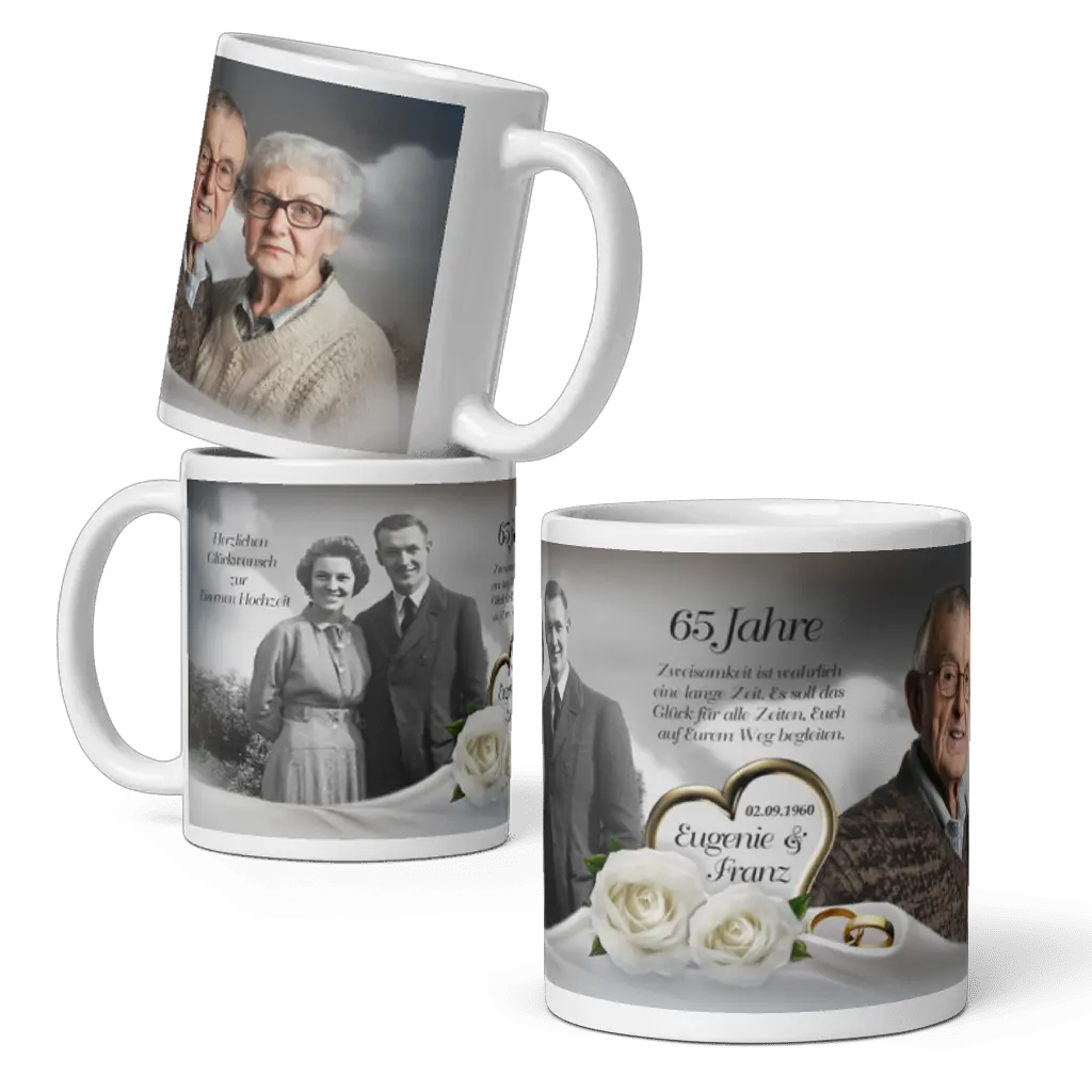 Keramiktasse 65. Hochzeitstag mit Namen und Hochzeitsdatum