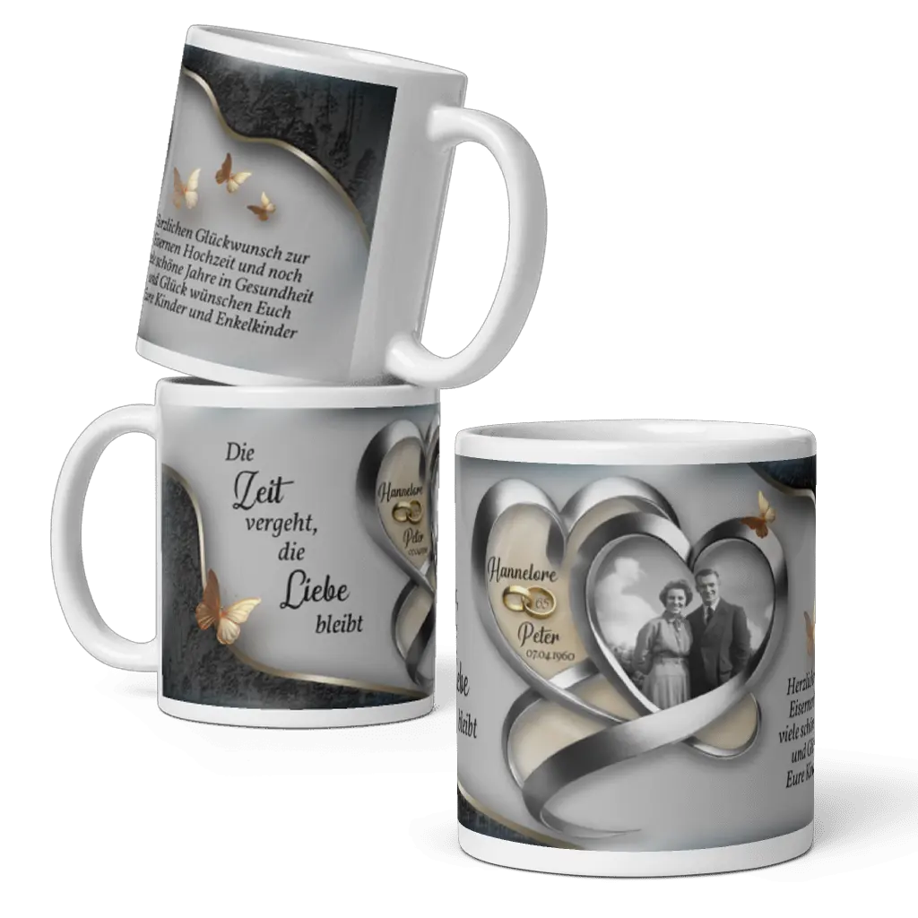 Jubiläums-Tasse Eiserne Hochzeit mit Bild und romantischem Motiv