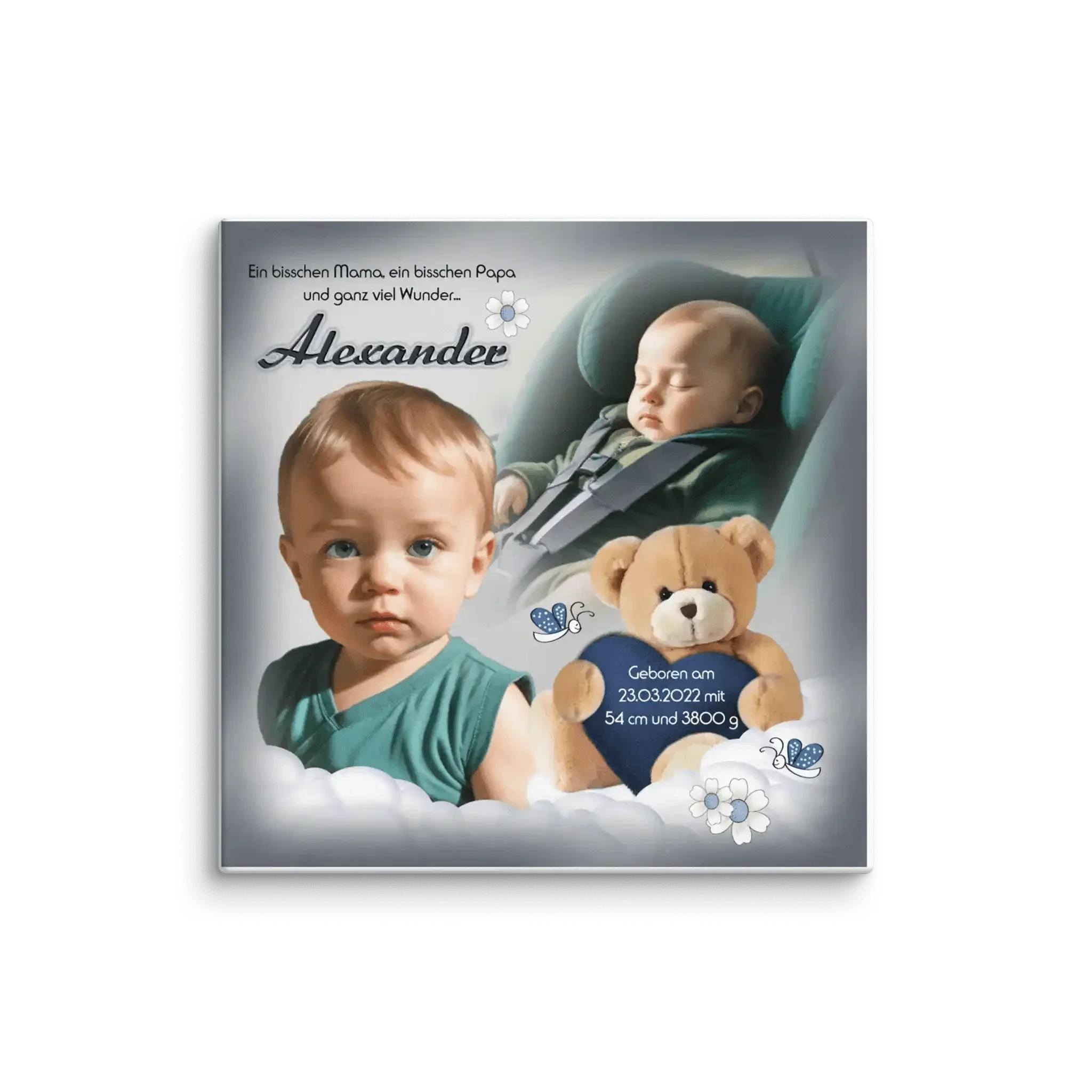 Personalisierte Leinwand zur Geburt mit Babyfoto, Teddy, Name Alexander und Geburtsdaten