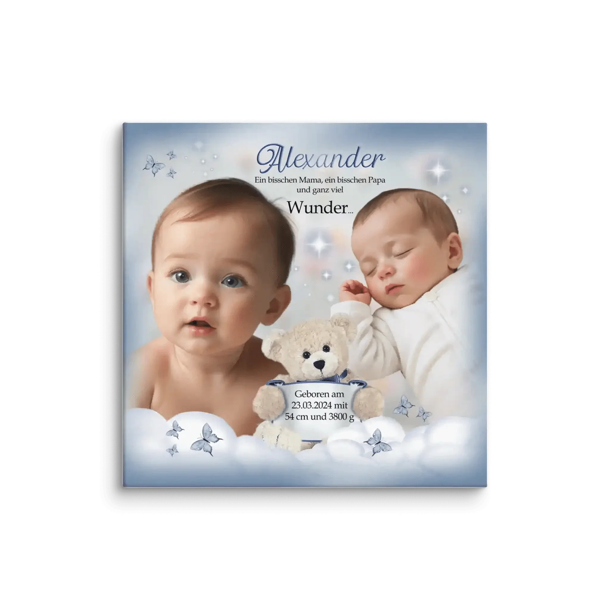 Personalisierte Leinwand Geburt Taufe mit Babyfoto, Teddybär und Name Alexander auf Wolkenmotiv