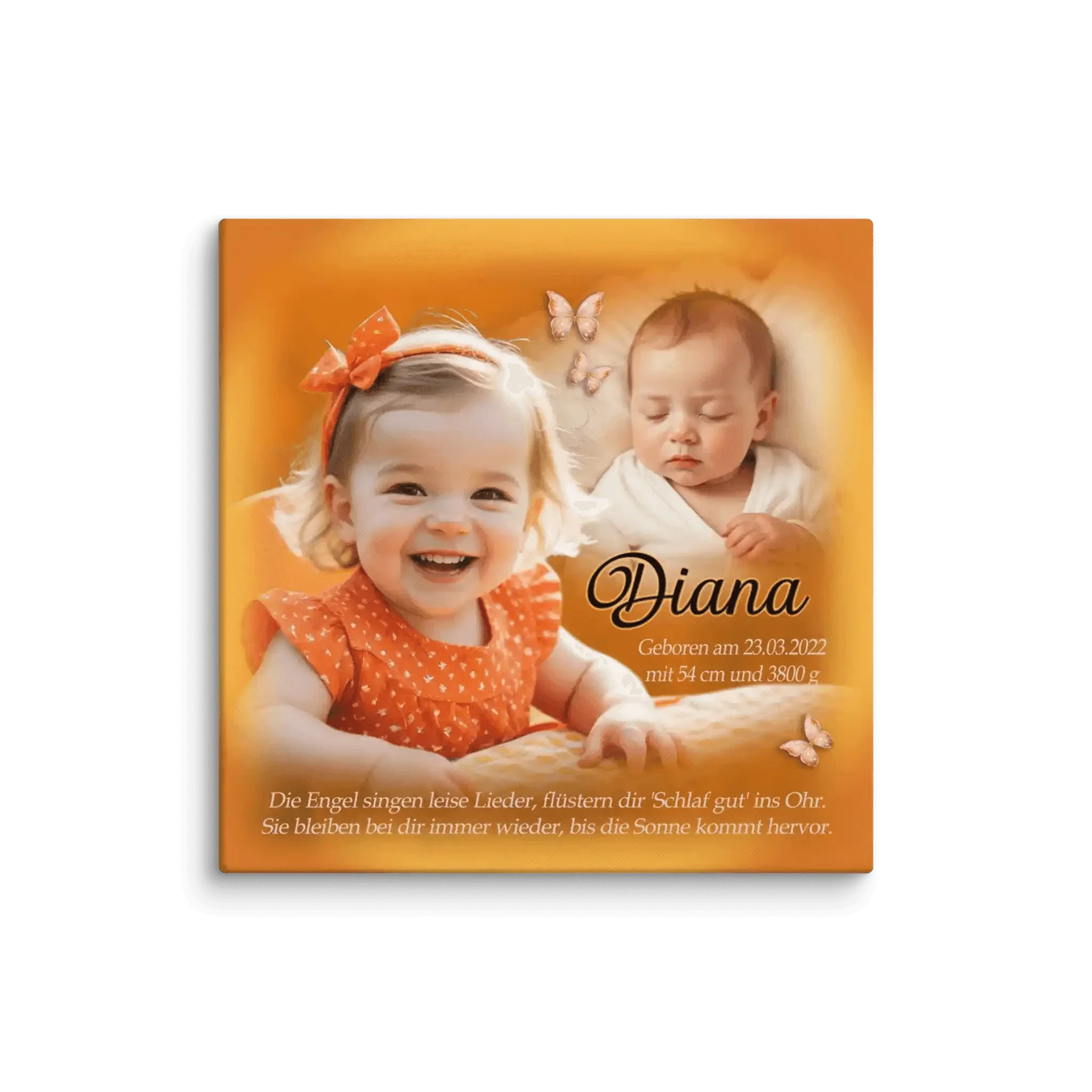 Personalisierte Leinwand zur Geburt oder Taufe mit Foto Baby, Name Diana, Schmetterlingen, Spruch