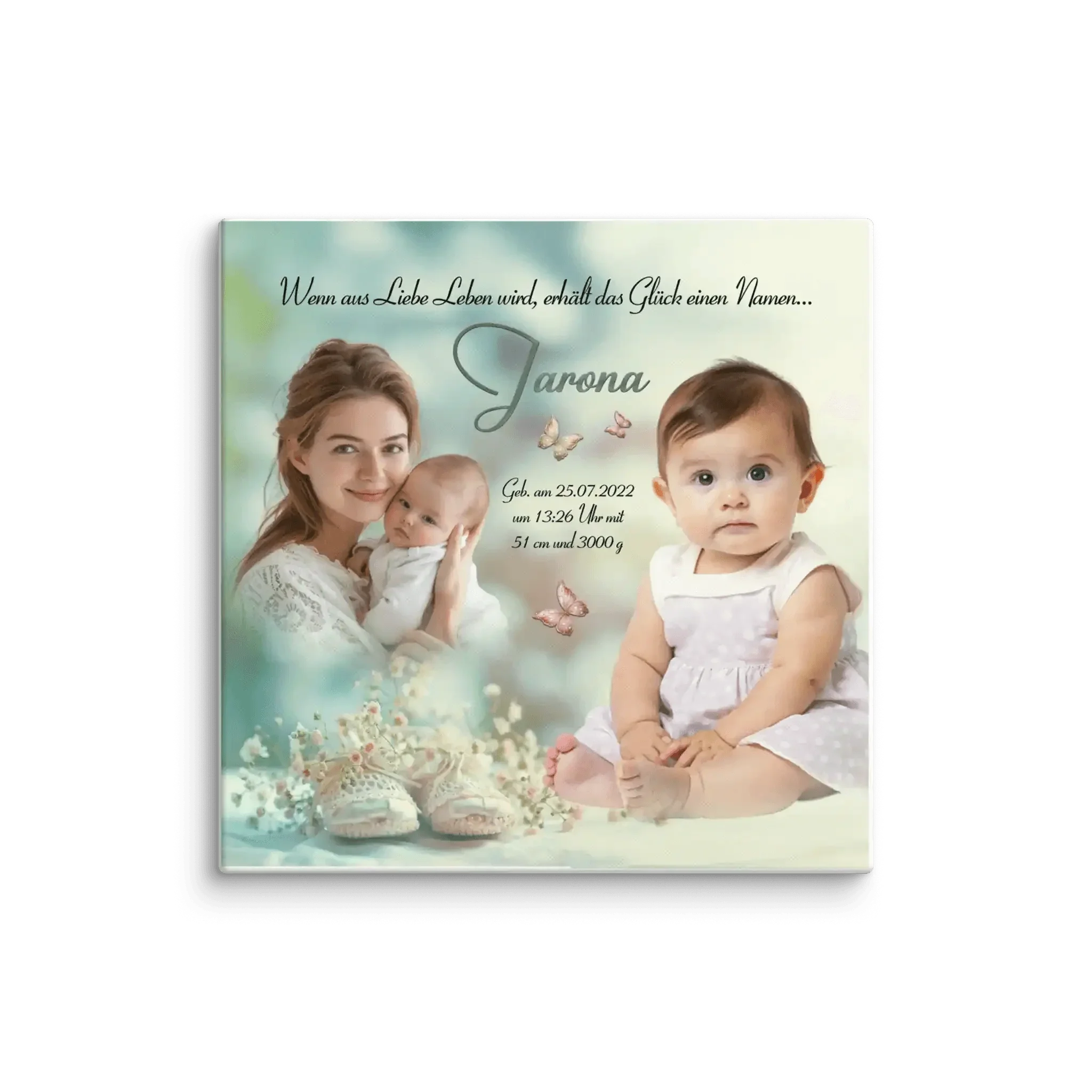 Personalisierte Leinwand zur Geburt und Taufe mit Babyfoto, Mutter und Blumen, Name Jarona