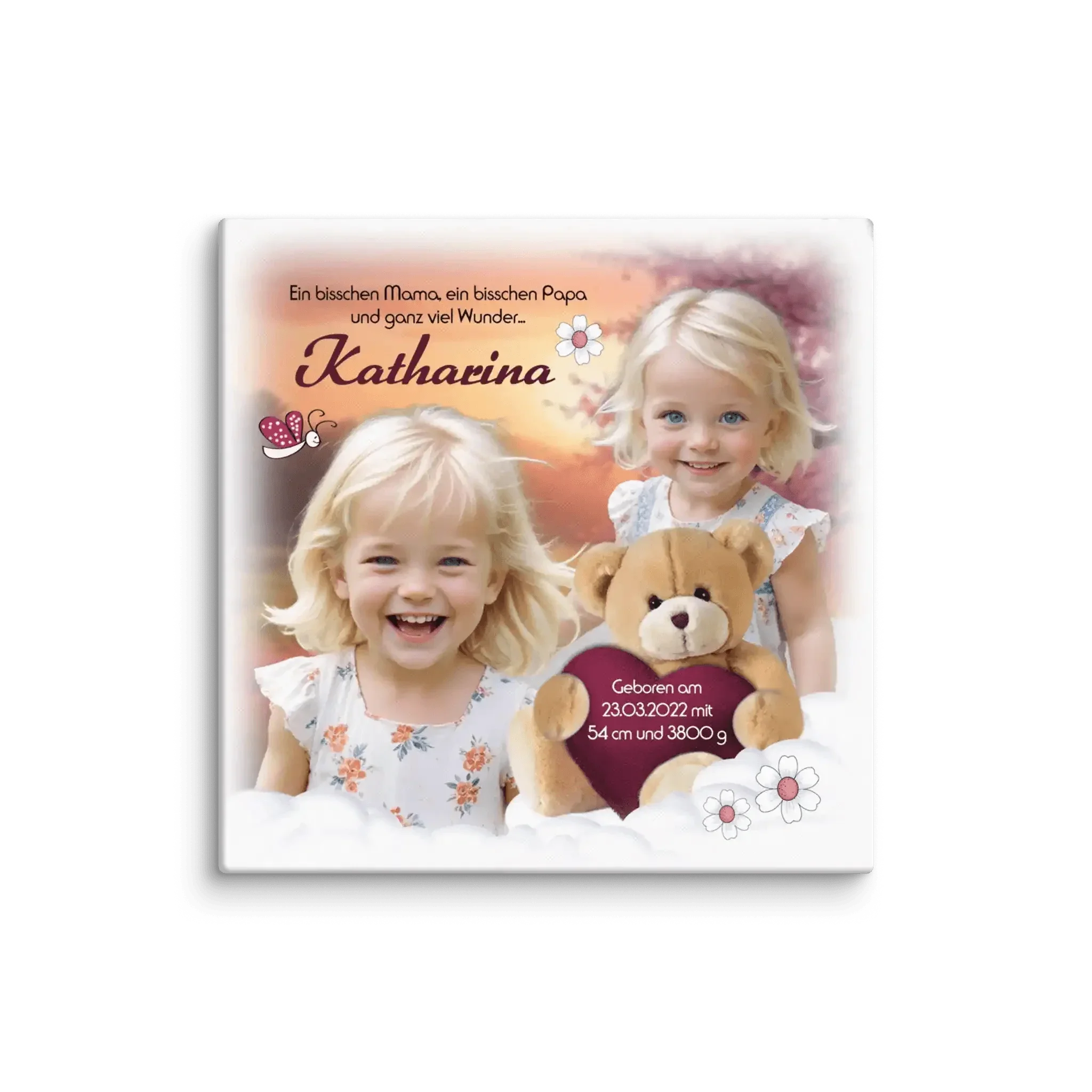 Personalisierte Leinwand zur Geburt oder Taufe mit Foto eines blonden Mädchens, Teddy und Geburtsdaten.