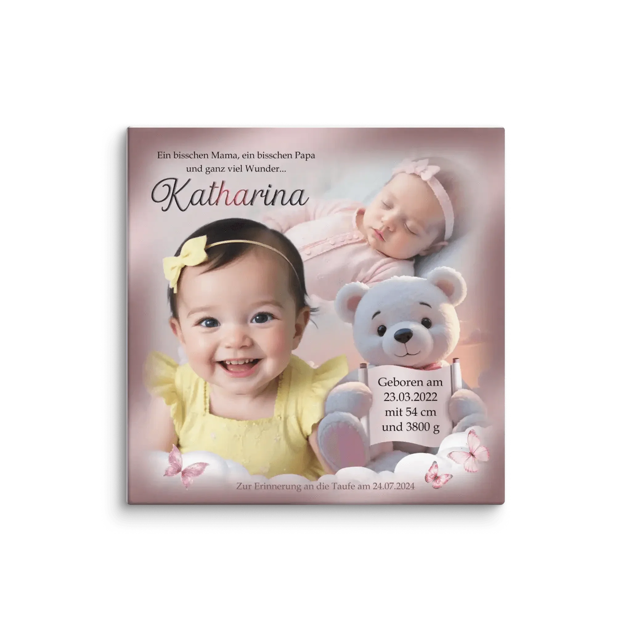 Personalisierte Leinwand zur Taufe mit Babyfoto, Teddy, Schmetterlingen und Geburtsdaten