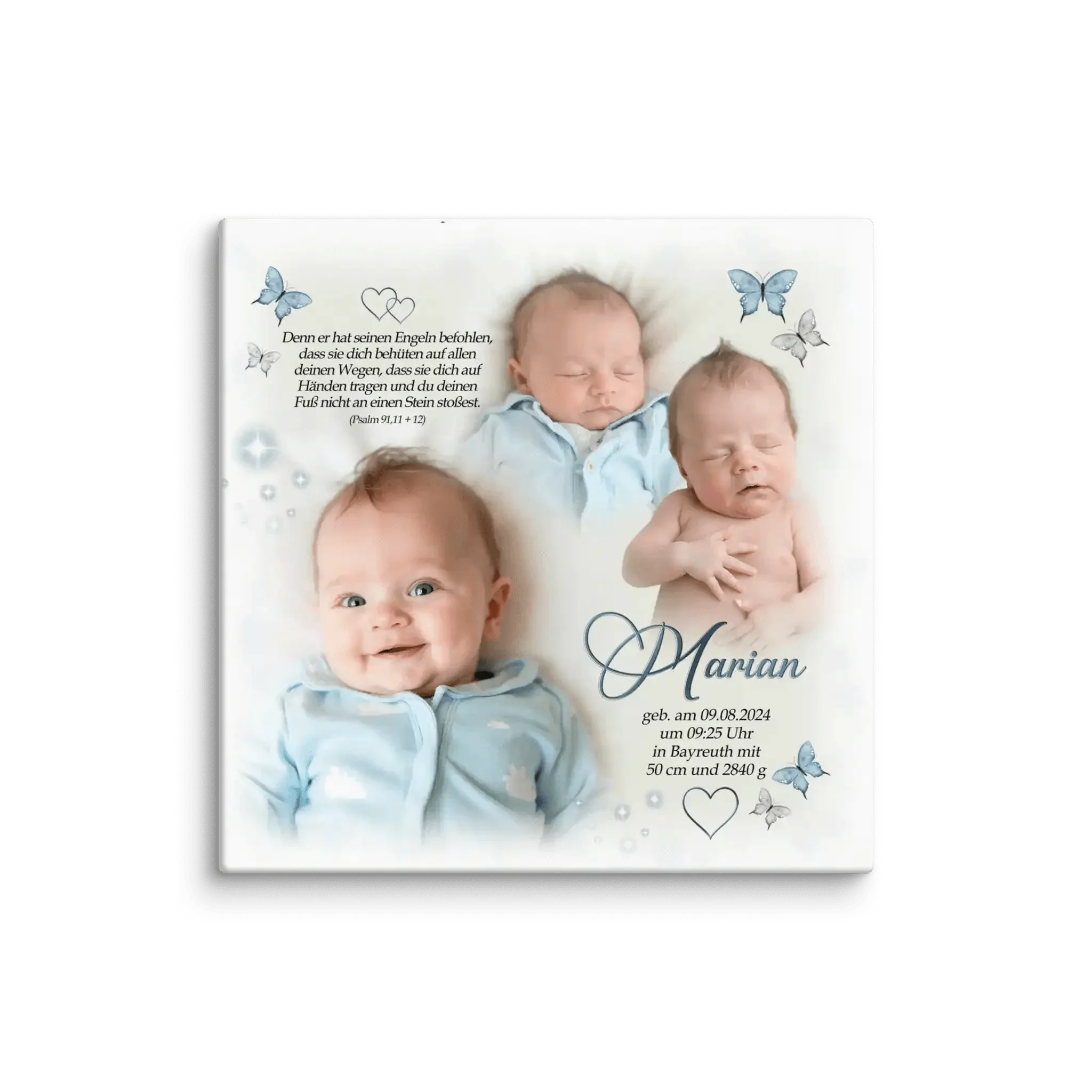 Personalisierte Leinwand zur Geburt und Taufe mit Babyfotos, Name Marian, Schmetterlingen und Psalm