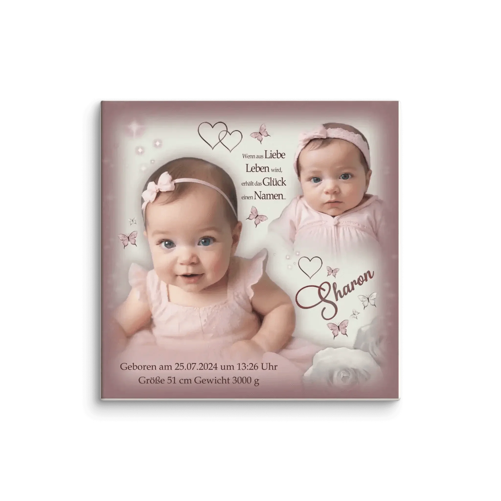 Leinwand zur Geburt und Taufe mit Babyfotos, Schmetterlingen, Namen und Daten in Rosa