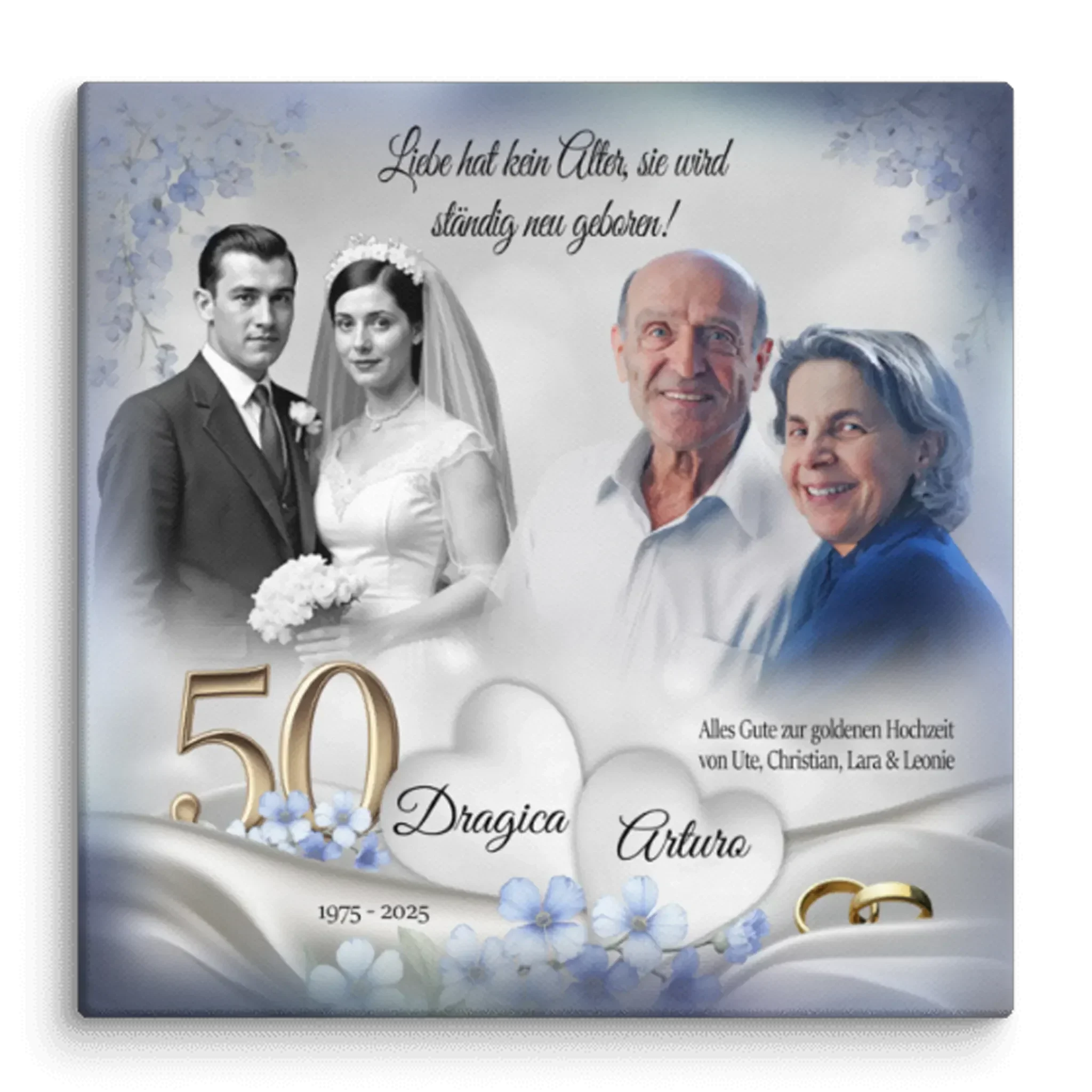 Personalisierte Leinwand goldene Hochzeit mit Brautpaar, Jubiläumsmotiv, goldene 50, Namen, Blumen