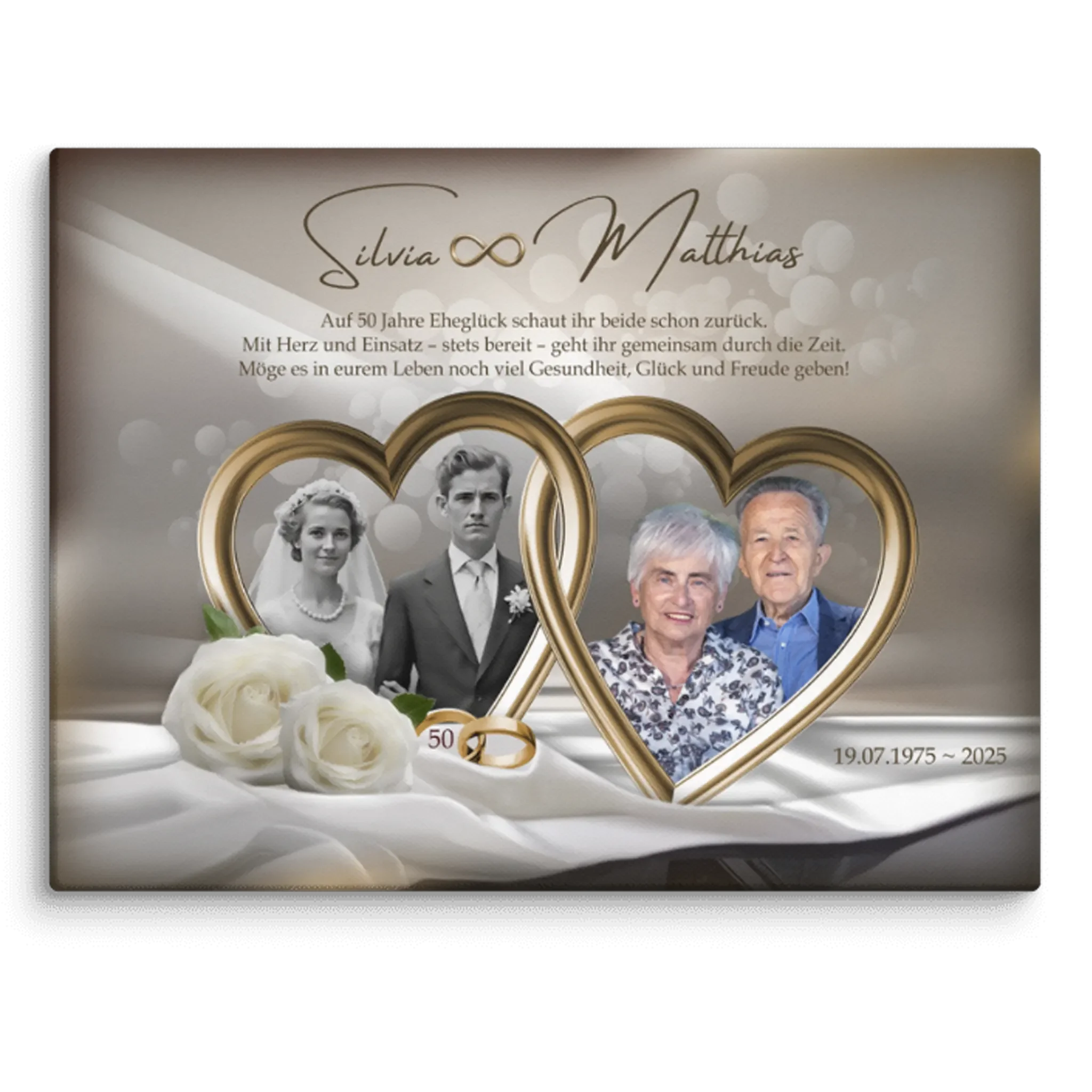 Personalisierte Leinwand zur Goldenen Hochzeit mit Doppelherz, Fotos, Rosen und Jubiläumsdatum