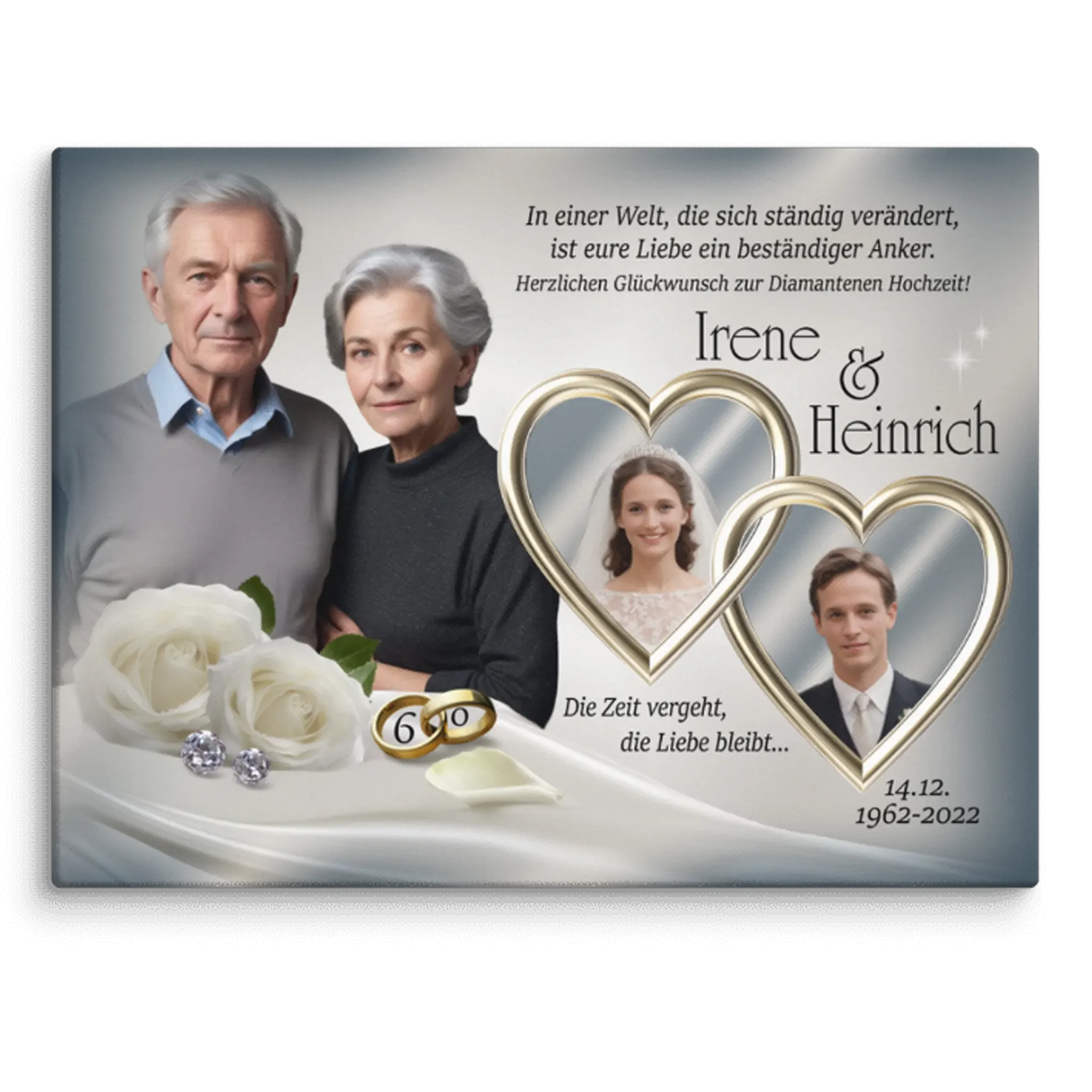 Jubiläum Leinwand diamantene Hochzeit mit älterem Paar, weißen Rosen, goldenen Ringen, Herzen und Hochzeitsfoto.