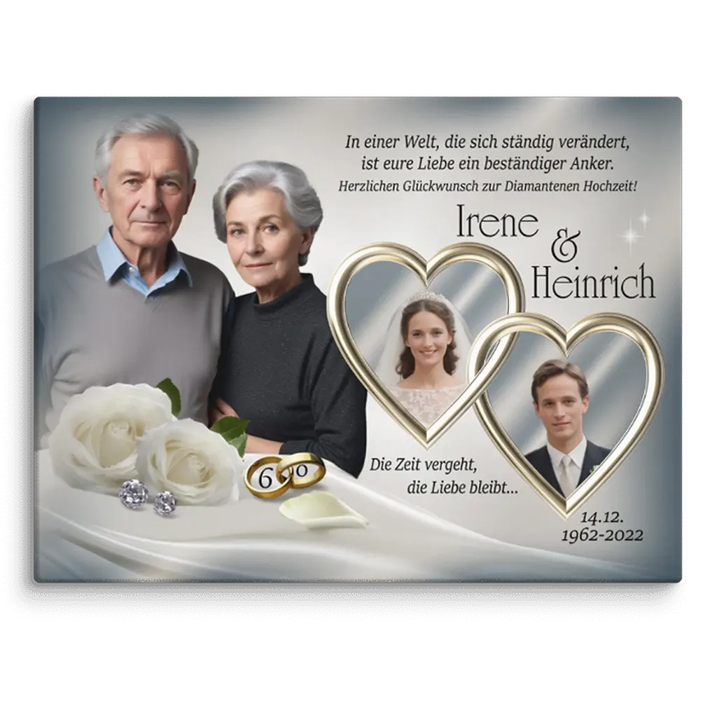 Jubiläum Leinwand diamantene Hochzeit mit älterem Paar, weißen Rosen, goldenen Ringen, Herzen und Hochzeitsfoto.