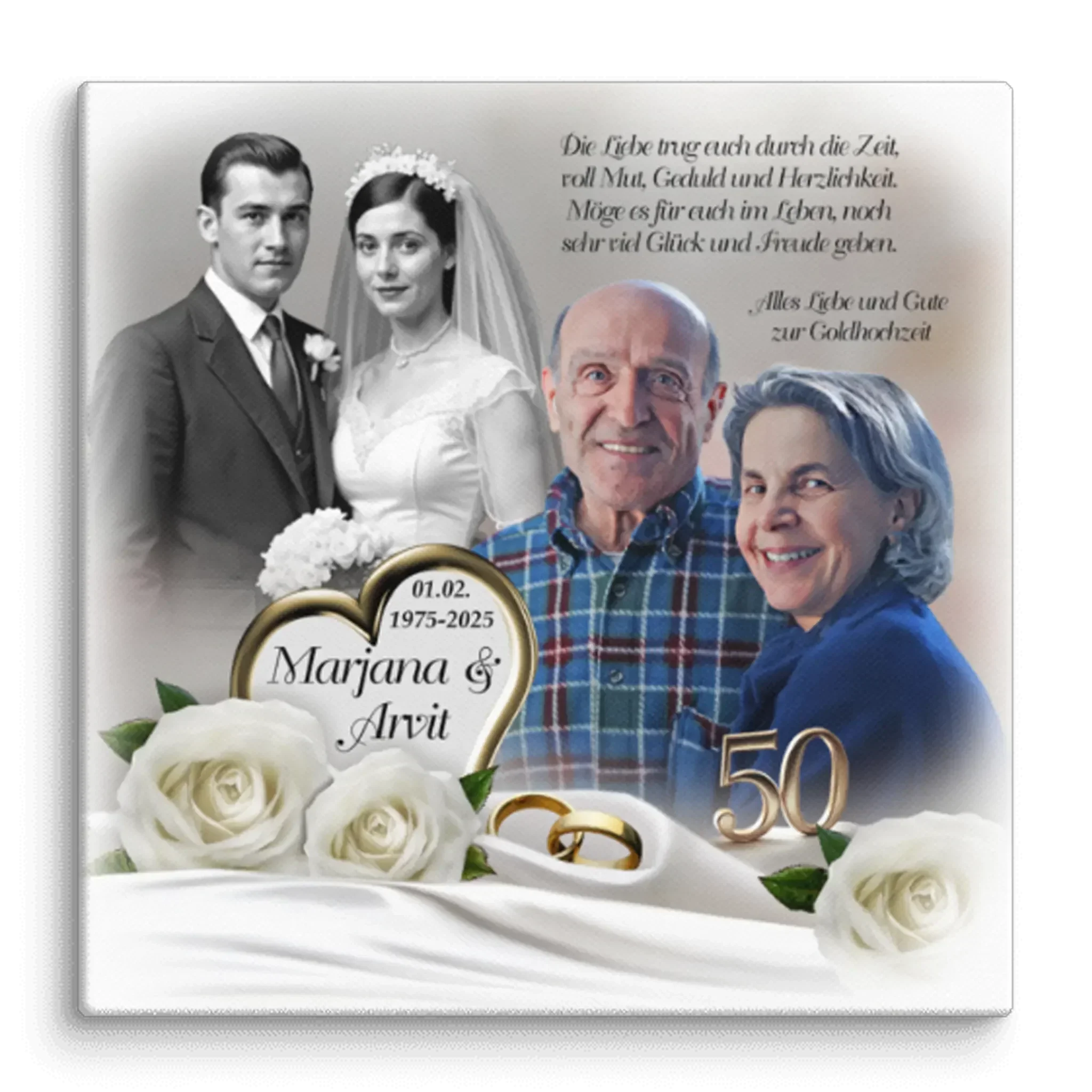 Collage zur Goldhochzeit mit Hochzeits- und aktuellem Paarfoto, weißen Rosen, goldenen Ringen und 50-Jahre-Zahl.