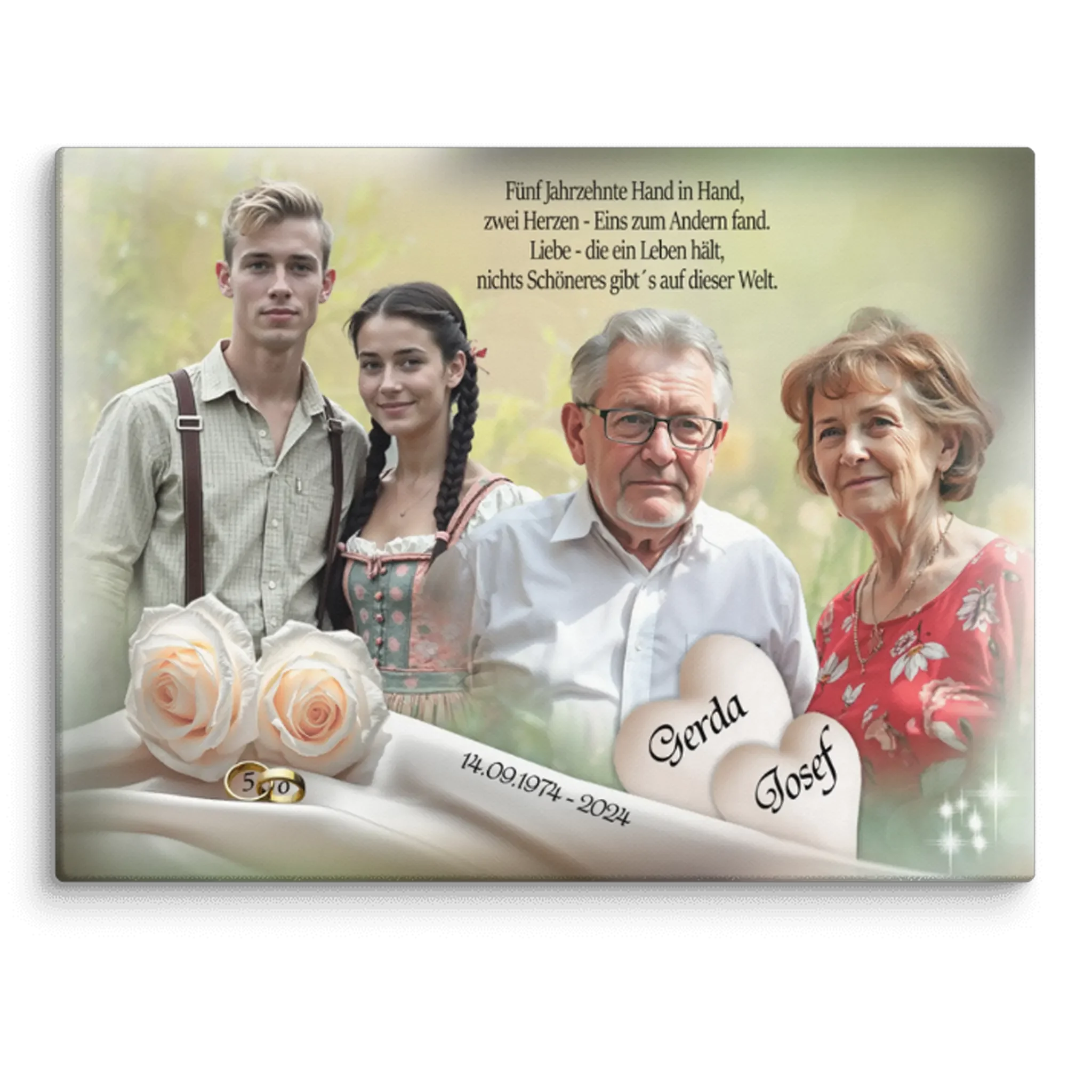 Familienfoto zur Goldenen Hochzeit mit zwei Paaren, Rosen, Herzen und Jubiläumsdatum