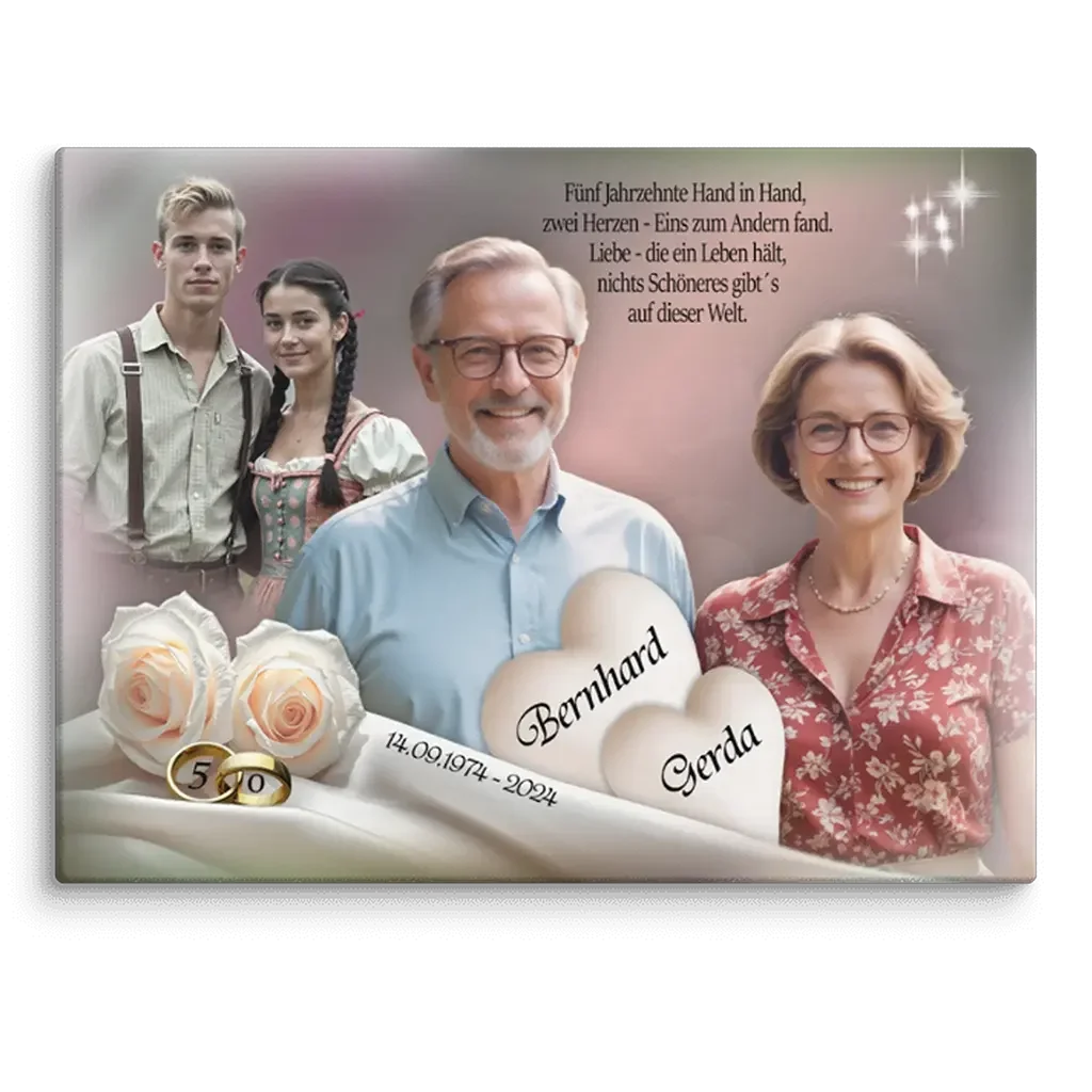 Personalisierte Leinwand zum 50. Hochzeitstag mit älterem Ehepaar, jüngem Paar, Rosen, Ringen, Namen Bernhard und Gerda