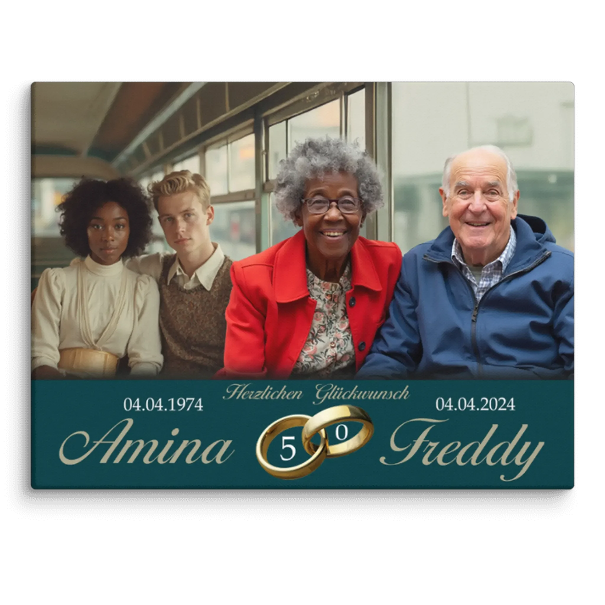 Leinwand mit älterem Ehepaar, goldenen Eheringen, Jubiläumsdaten und Glückwünschen zur goldenen Hochzeit