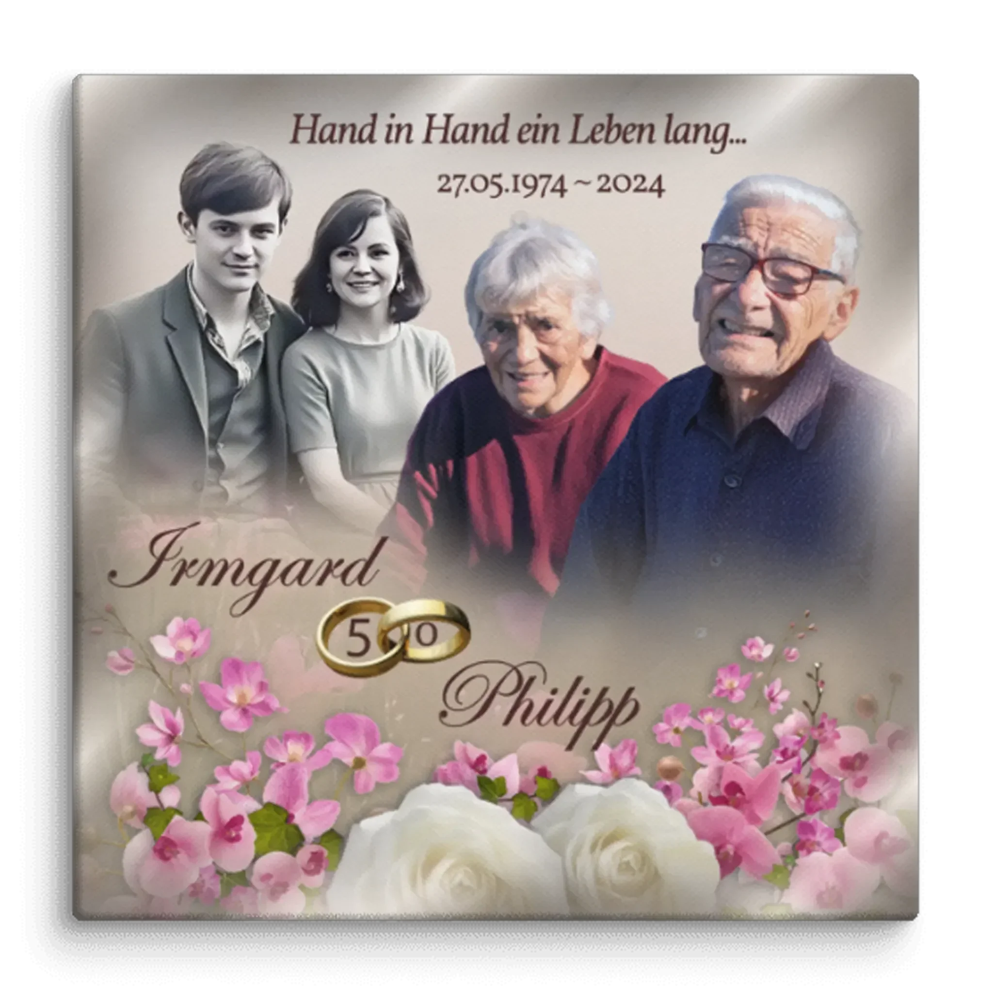 Personalisierte Leinwand Goldene Hochzeit, Paar jung und alt, Blumenmotiv, Jubiläumsdatum 1974-2024