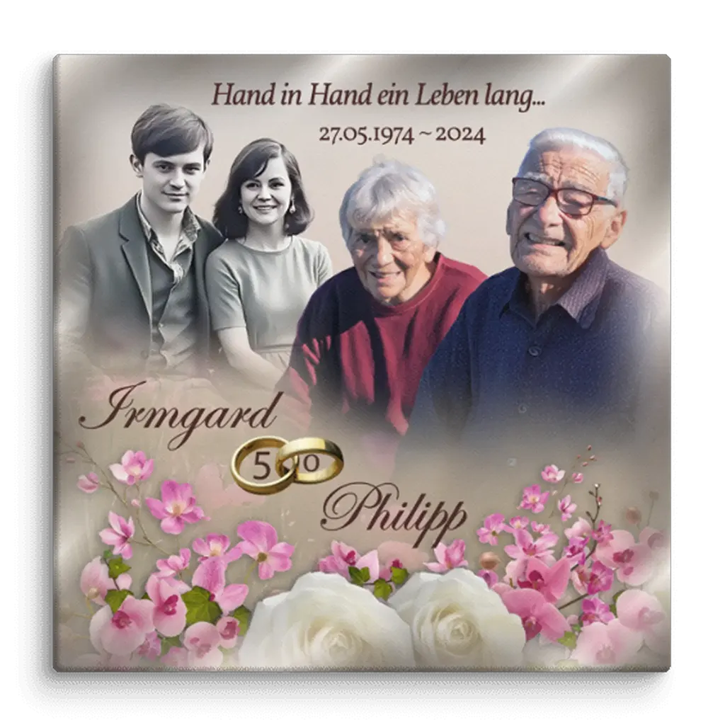 Personalisierte Leinwand Goldene Hochzeit, Paar jung und alt, Blumenmotiv, Jubiläumsdatum 1974-2024