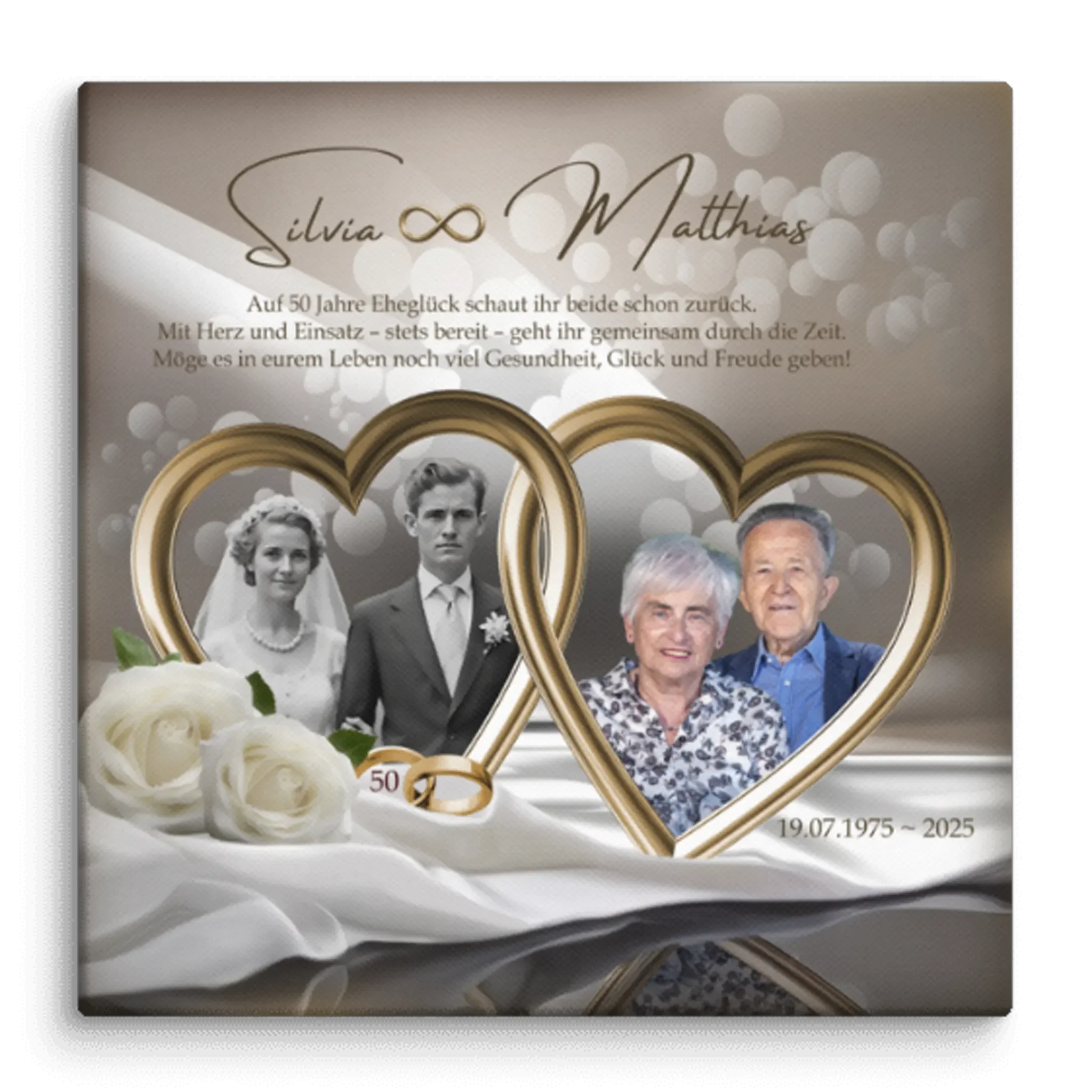 Personalisierte Leinwand Goldene Hochzeit, Vintage- und aktuelles Paarfoto in goldenen Herzen, Rosen, Ringe, Jubiläum 50 Jahre, elegant dekoriert.