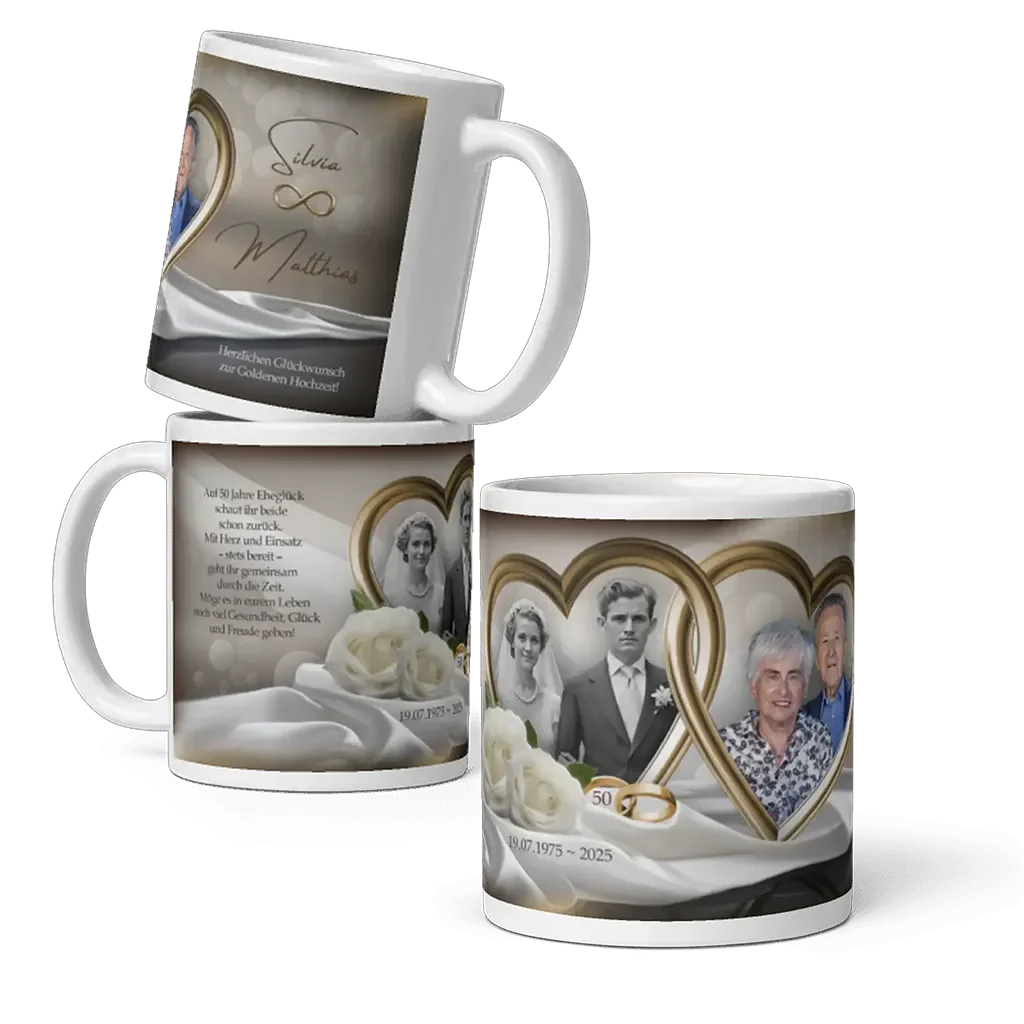 Personalisierte Goldhochzeit Fototasse mit Herzrahmen, weißen Rosen und goldenen Ringen