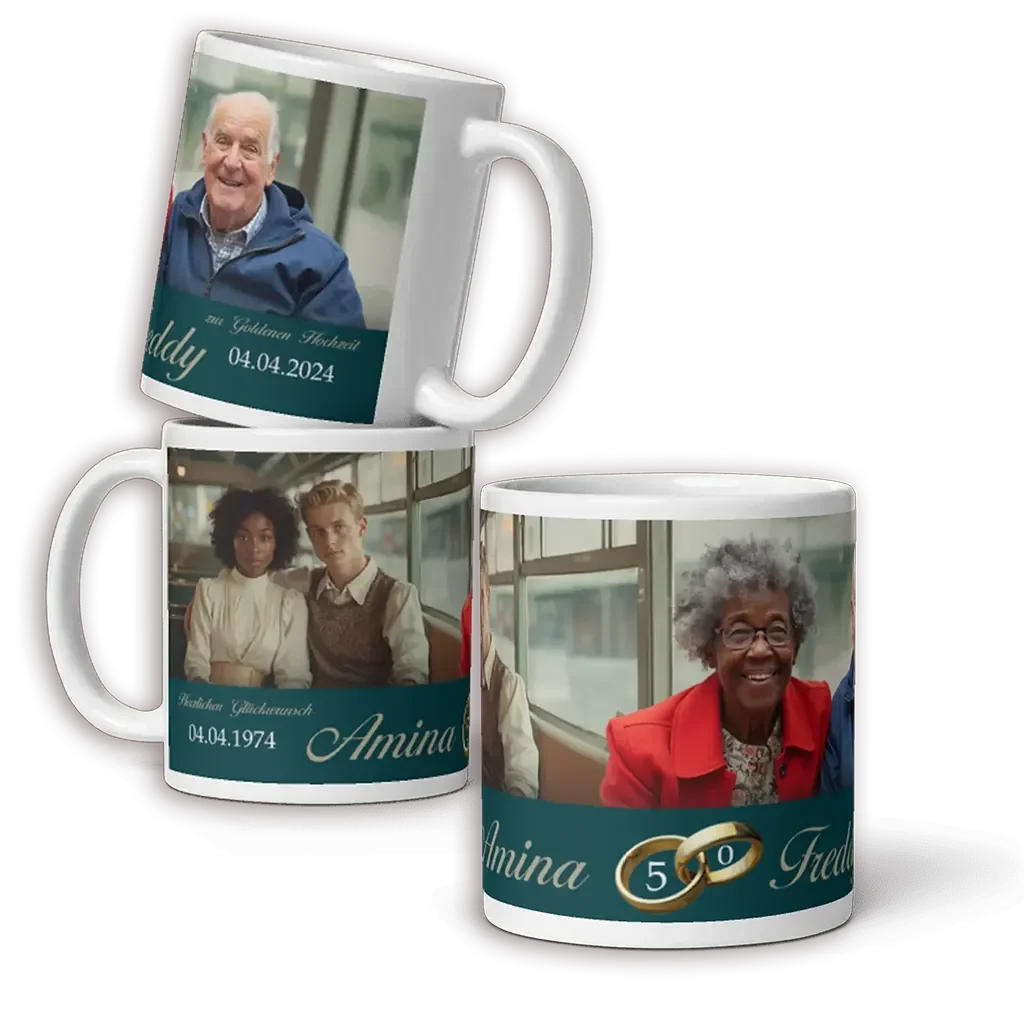 Personalisierte Fototassen zur Goldhochzeit mit Fotos, Namen und goldenen Ringen bedruckt