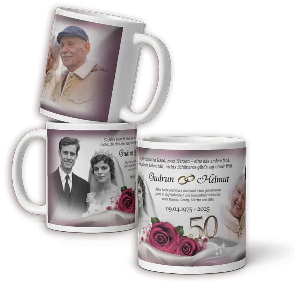 Personalisierte Goldhochzeit-Fototasse mit Paarbildern, Datum, Rosen und goldener 50.