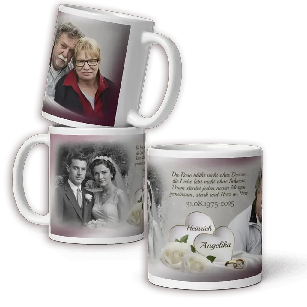 Goldhochzeit Fototasse mit Hochzeitsfoto, aktuellem Paarbild und Jubiläumsdatum, personalisiert