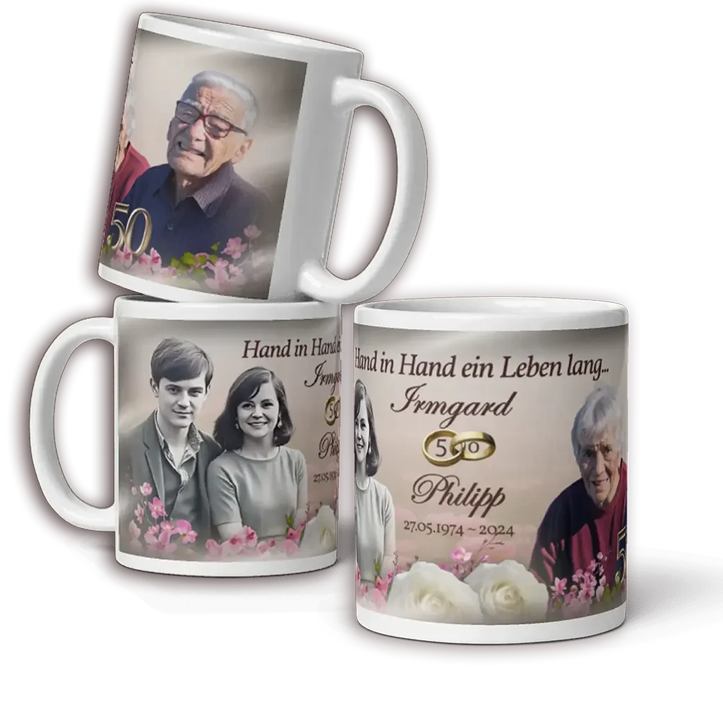 Goldhochzeit Tasse mit Fotos älterer Ehepaar, rosa Blumen, goldene Ringe, Namen Irmgard und Philipp