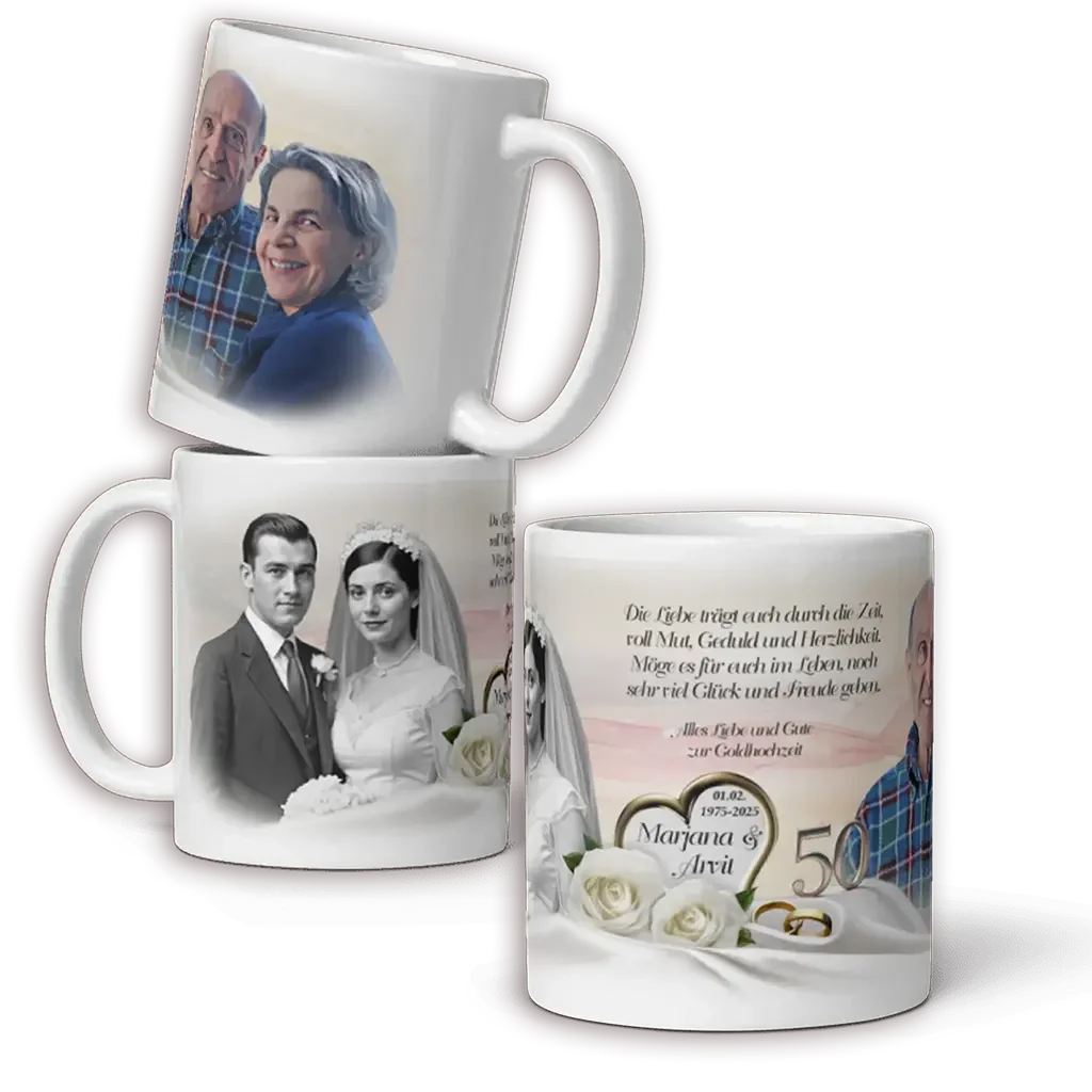 Goldene Hochzeit Tasse mit Fotos von Paar jung und alt, goldene 50, weiße Rosen
