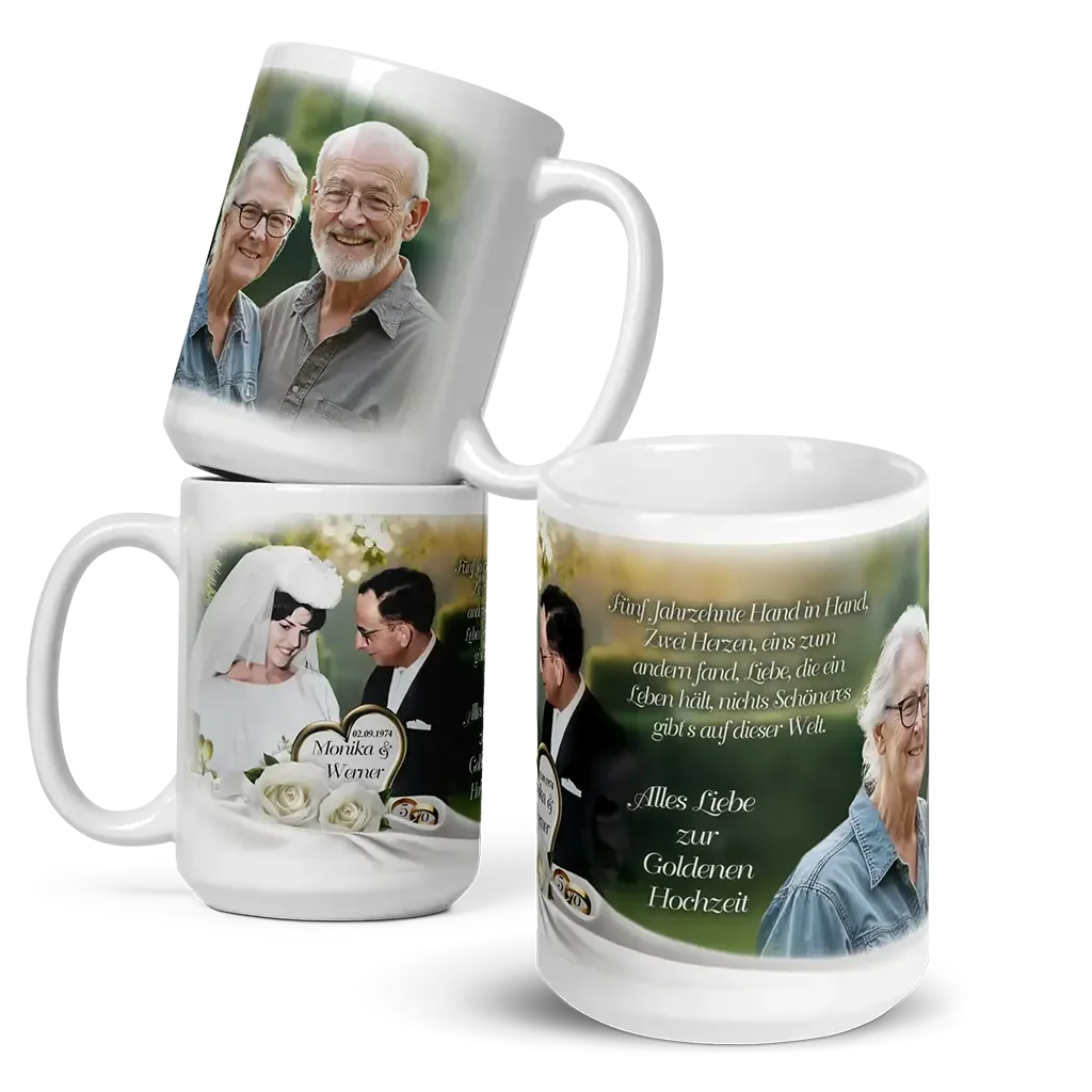 Personalisierte Fototasse zur Goldhochzeit mit Bildern eines älteren Paares und Hochzeitspaar.