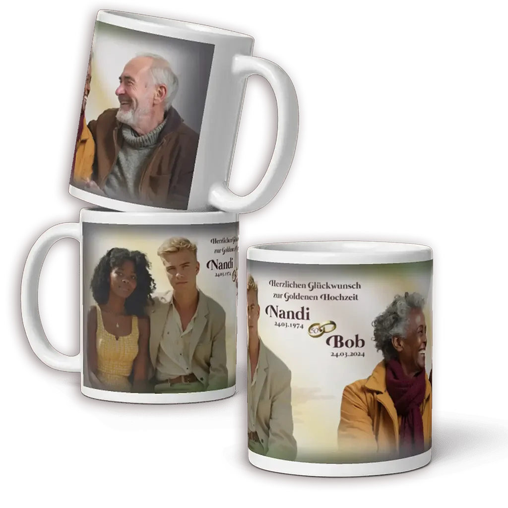 Personalisierte Fototasse zur Goldenen Hochzeit mit Fotos von Paaren, Namen und Datum.