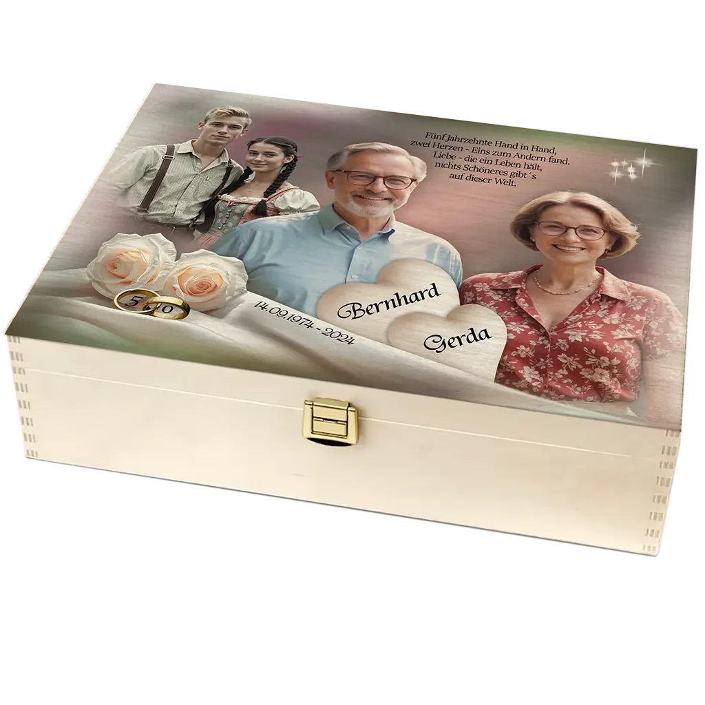 Goldhochzeit Holzbox mit Foto von Paaren, Eheringen, Rosen und den Namen Bernhard und Gerda