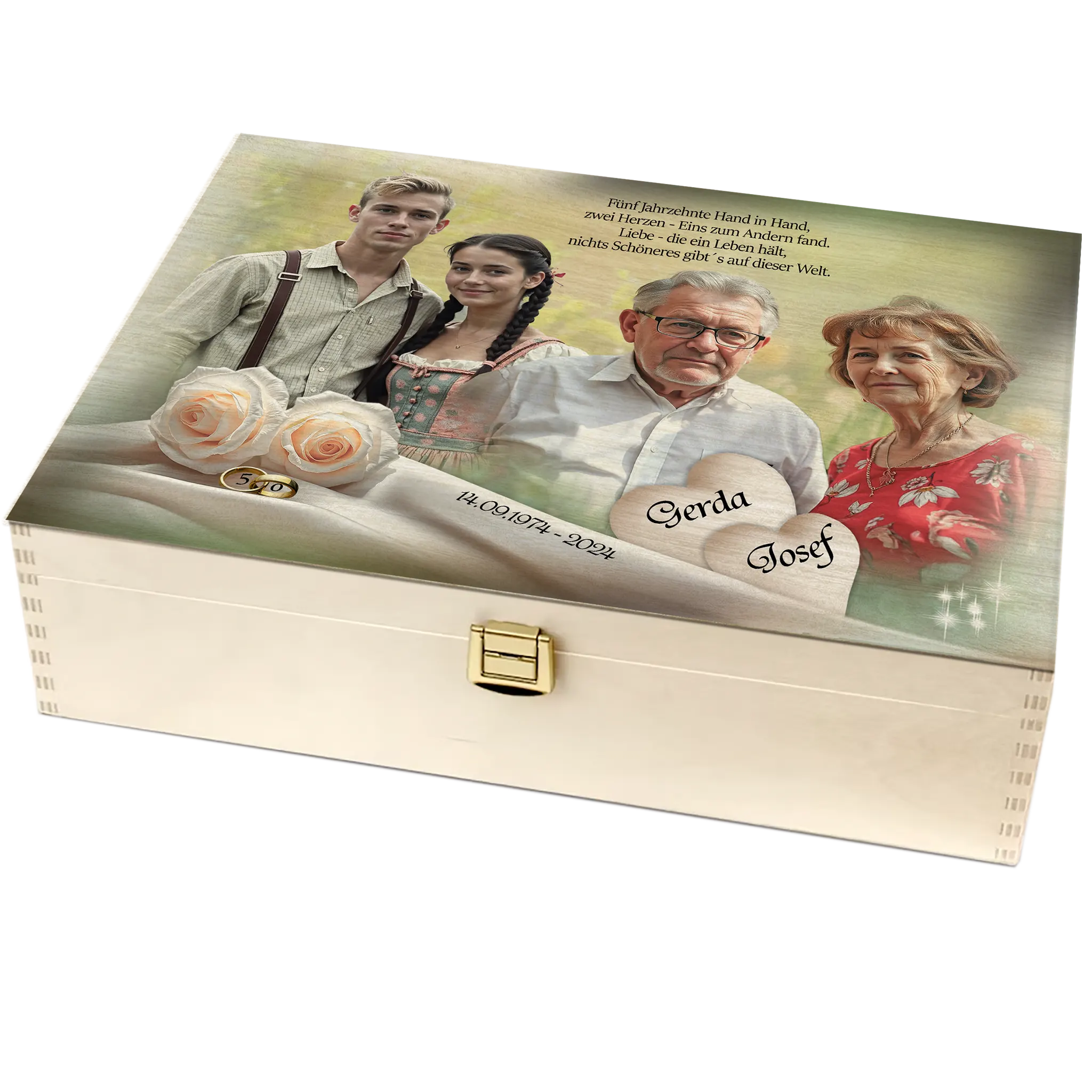 Geschenkbox aus Holz mit personalisierten Fotos und goldener Zahl 50