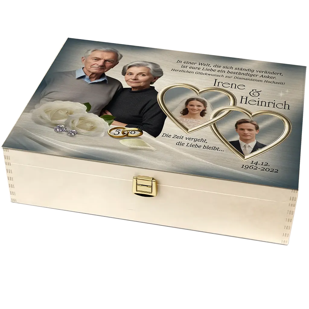 Personalisierte Holzbox zur Goldhochzeit mit Fotos, weißen Rosen und Goldring-Design