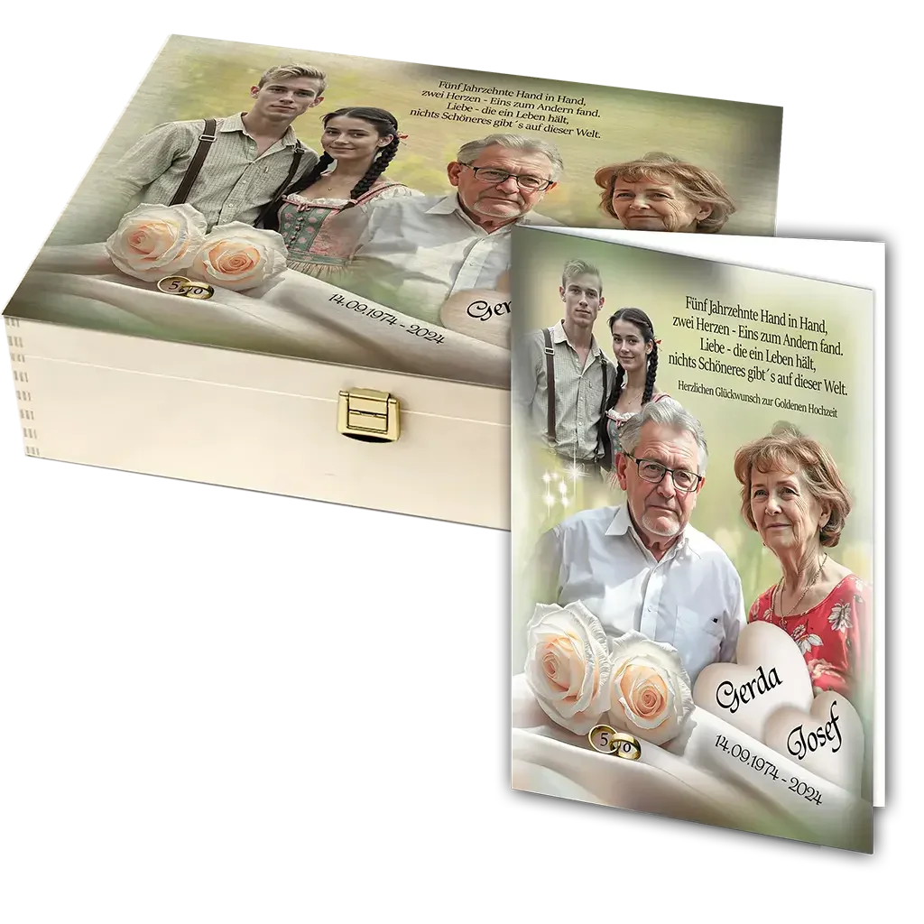 Personalisiert Goldhochzeit Holzbox mit Foto von Paar, Familie und Rosen, Gravur Gerda Josef
