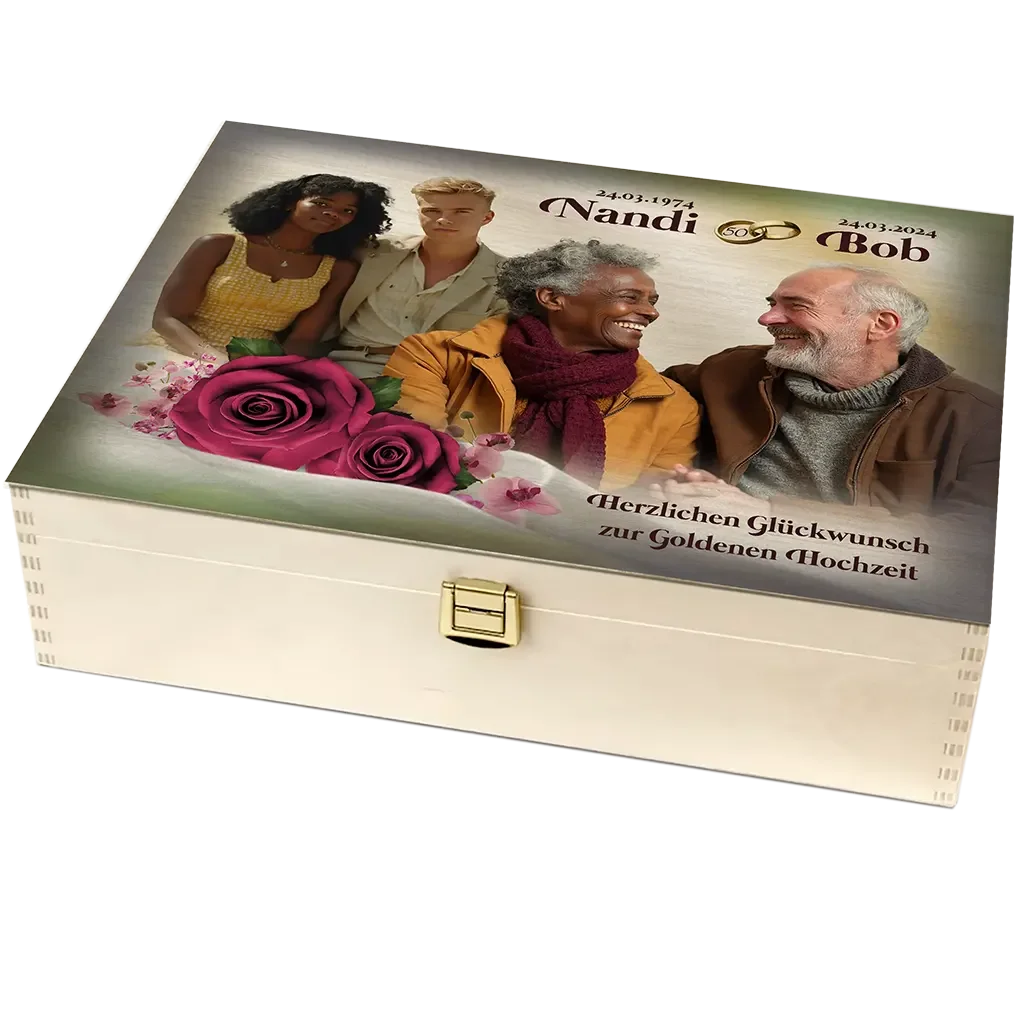 Personalisierte Holzbox zur Goldenen Hochzeit mit Fotos, Rosen und Gravur, Geschenkidee
