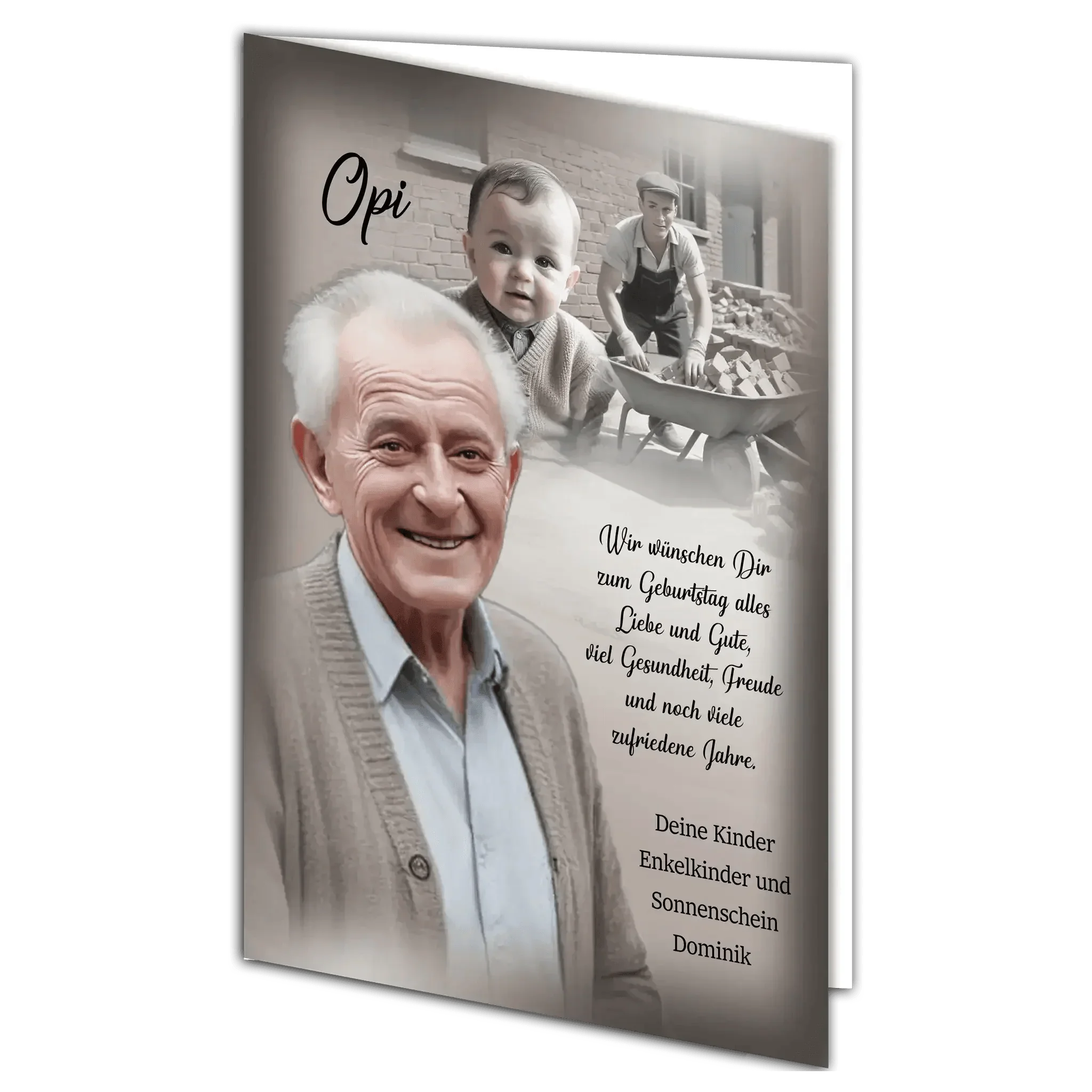 Personalisierte Geburtstagskarte für Opa mit Porträt, Kind und nostalgischem Foto, Textbotschaft